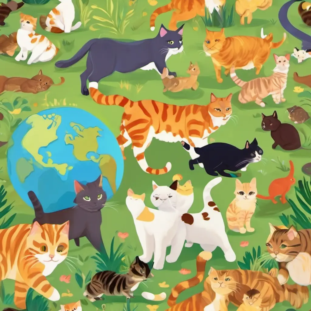 Cats meeting other animals on Earth, with different shapes and colors.