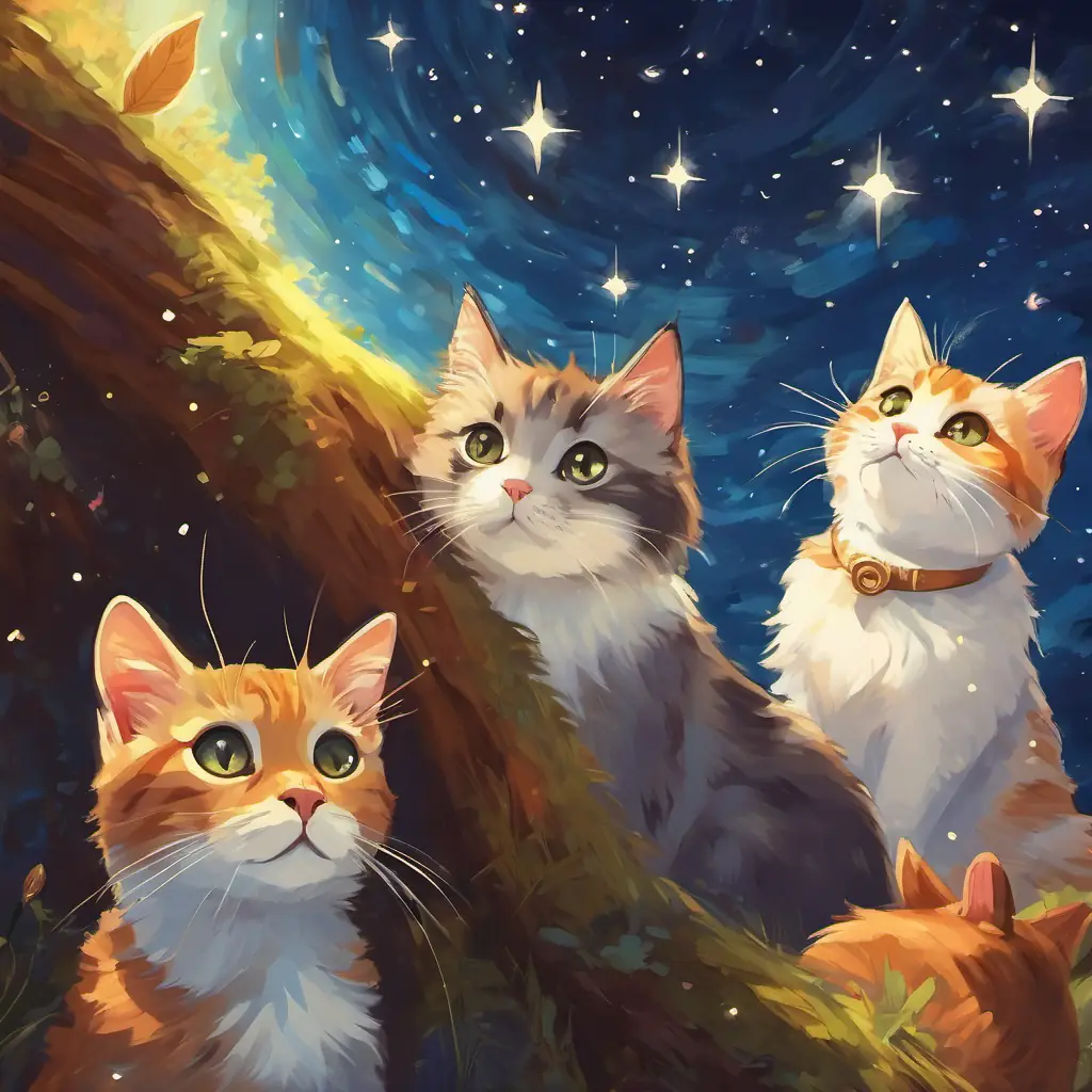 Cats happily living on Earth, looking up at the starry sky.