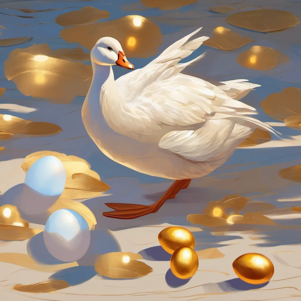 A splendid goose with bright, shiny feathers laying a golden egg, glowing brightly in the sunlight.