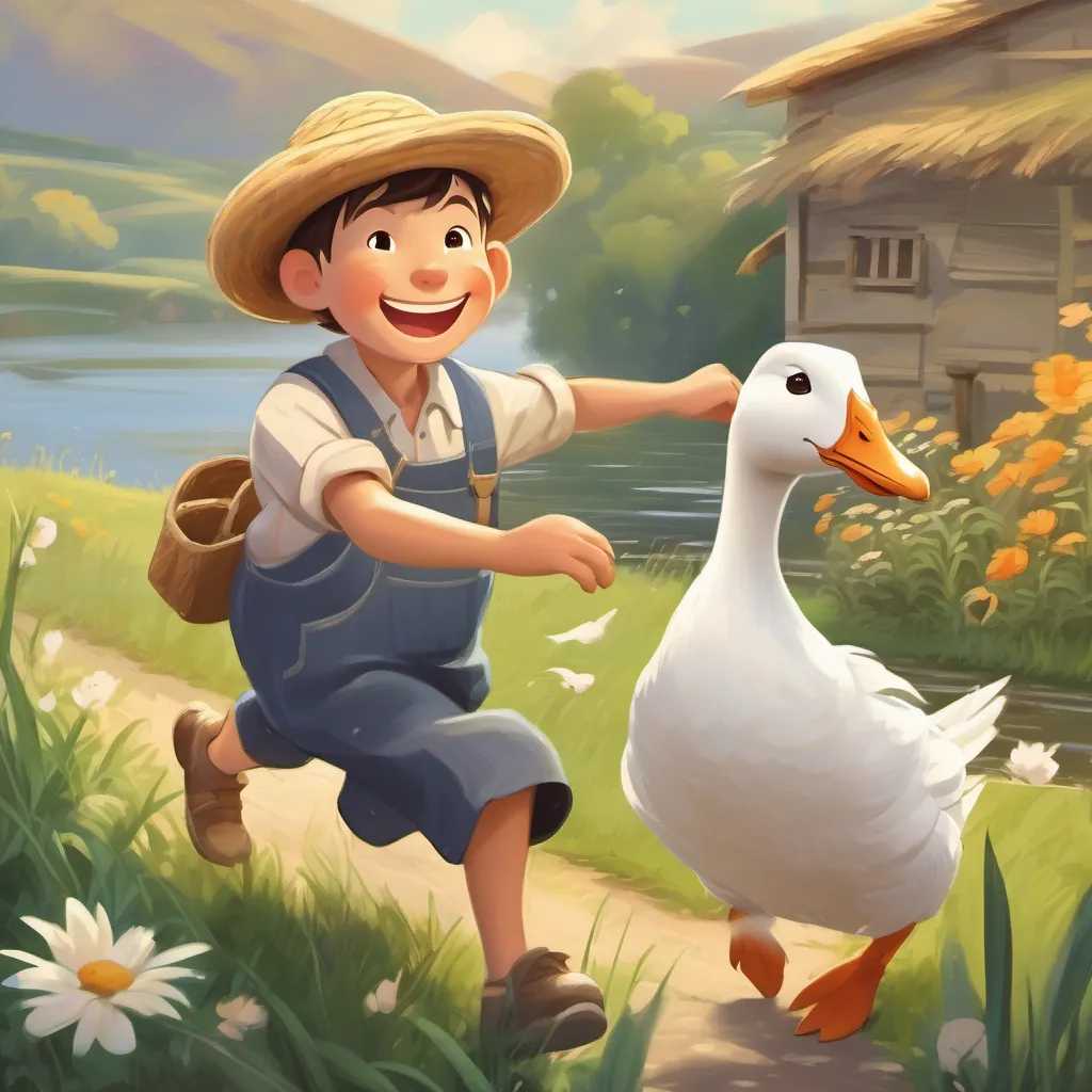 Farmer A cheerful farmer named Fred, wearing overalls and a straw hat, looking kind and gentle running joyfully towards A splendid goose with bright, shiny feathers and a clever look the goose, with a big smile of relief.