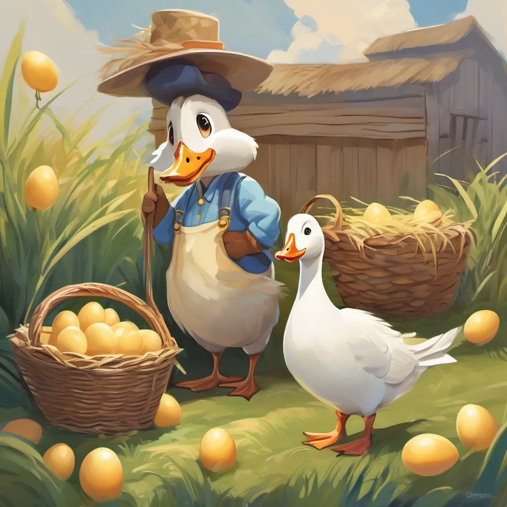 A splendid goose with bright, shiny feathers and a clever look the goose laying golden eggs with Farmer A cheerful farmer named Fred, wearing overalls and a straw hat, looking kind and gentle watching happily and contently in a bright and cheerful environment.