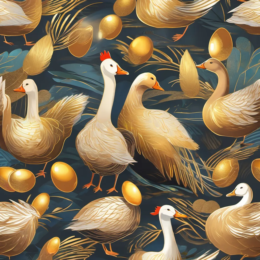 A splendid goose with bright, shiny feathers and a clever look the goose, surrounded by rays of golden light, clucking “Buck! Buck! Buck!” and laying a glowing golden egg.