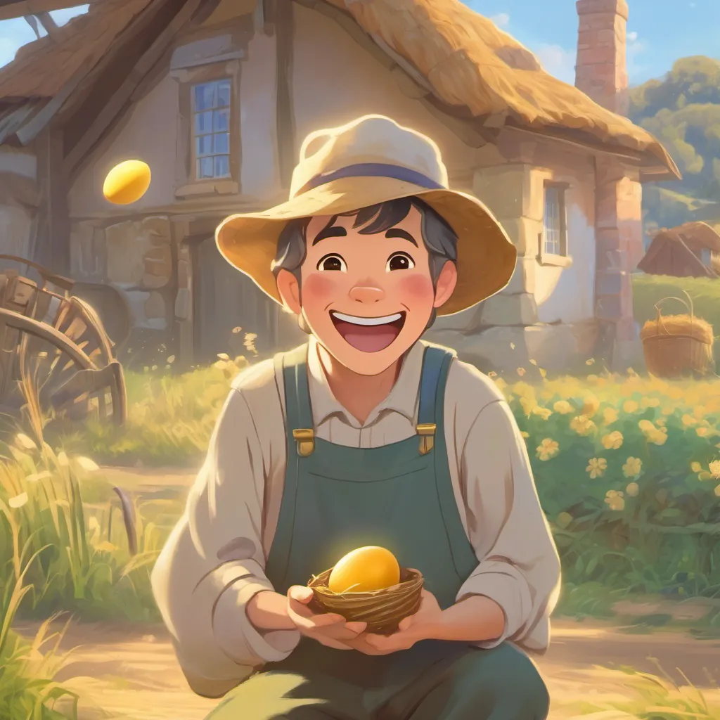 Farmer A cheerful farmer named Fred, wearing overalls and a straw hat, looking kind and gentle with a wide grin, looking with amazement at the golden egg with a picturesque sunrise in the background.