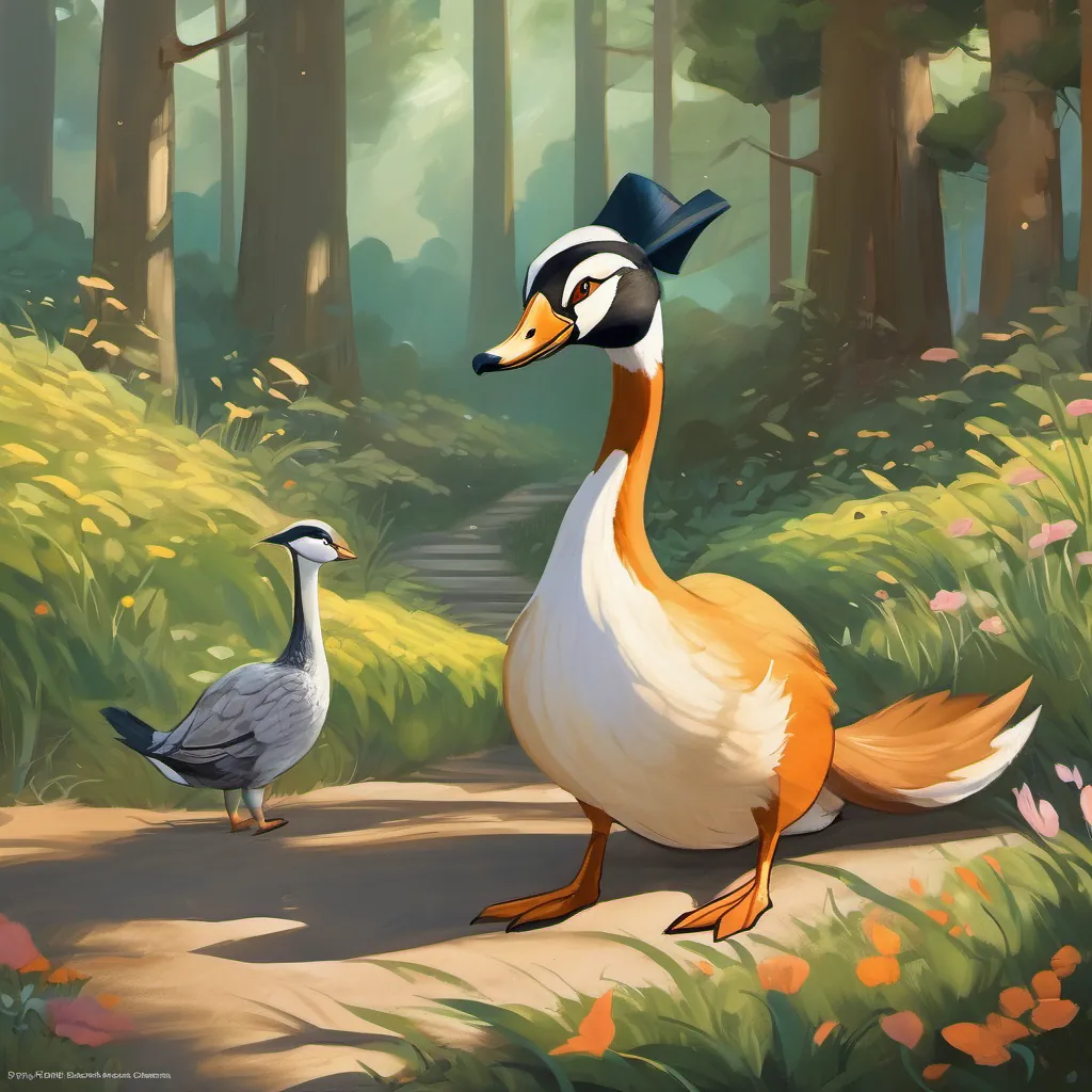 A splendid goose with bright, shiny feathers and a clever look the goose looking cunning, plotting her own clever plan while A sly, sneaky fox with a mischievous glint in his eyes and a cunning grin the fox sneaks closer.