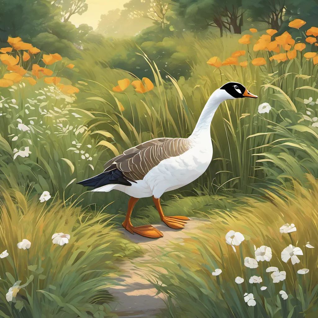 A splendid goose with bright, shiny feathers and a clever look the goose making a clamor with loud ‘Quack-Quack, Buzz-Buzz!’ sounds as A sly, sneaky fox with a mischievous glint in his eyes and a cunning grin frantically chases her through fields of tall grass.