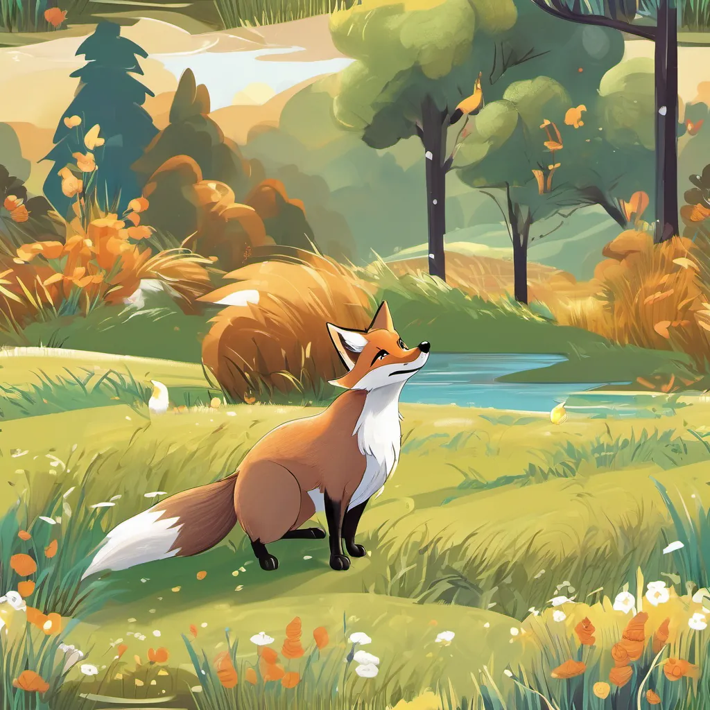A sly, sneaky fox with a mischievous glint in his eyes and a cunning grin the fox looking exhausted and confused, standing absolutely still while A splendid goose with bright, shiny feathers and a clever look the goose keeps dashing through a sunny meadow.