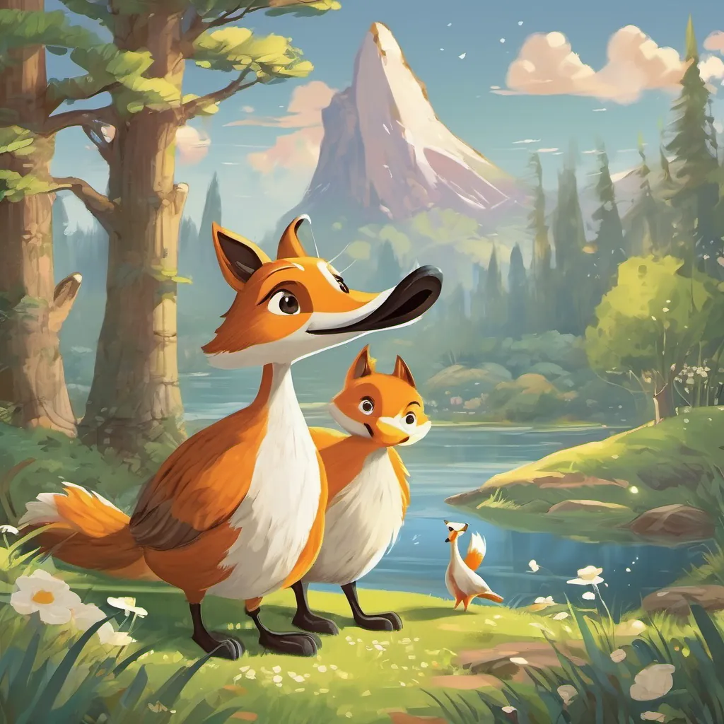 A splendid goose with bright, shiny feathers and a clever look the goose looking triumphant while A sly, sneaky fox with a mischievous glint in his eyes and a cunning grin the fox walks away dejected, realizing he has been outsmarted.