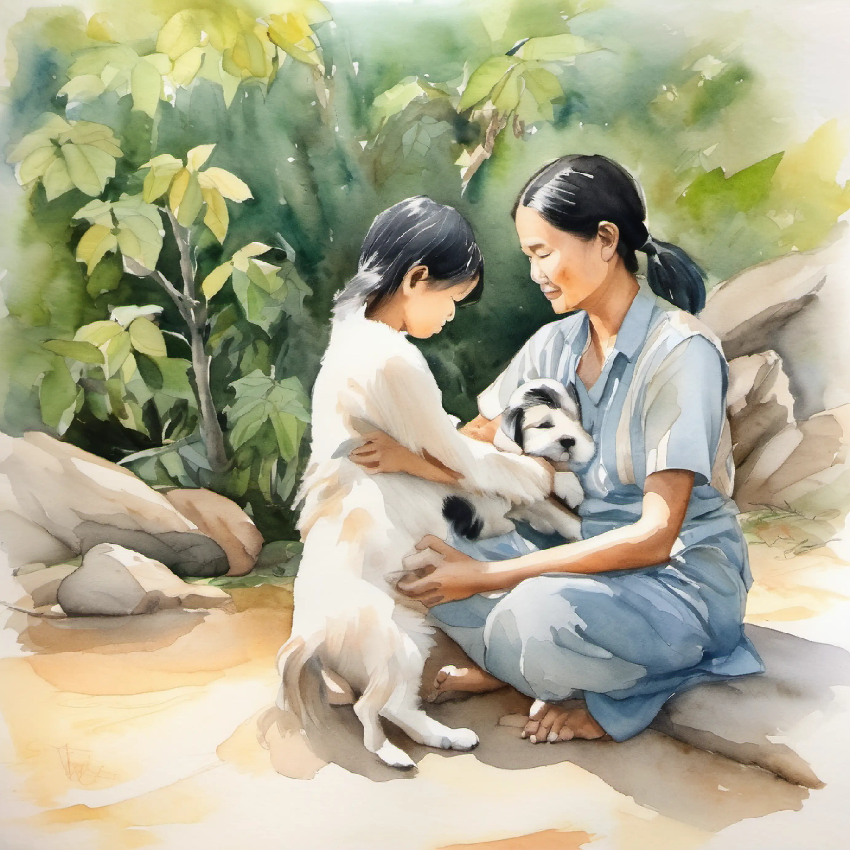 Ploy Sai comforts the puppy.