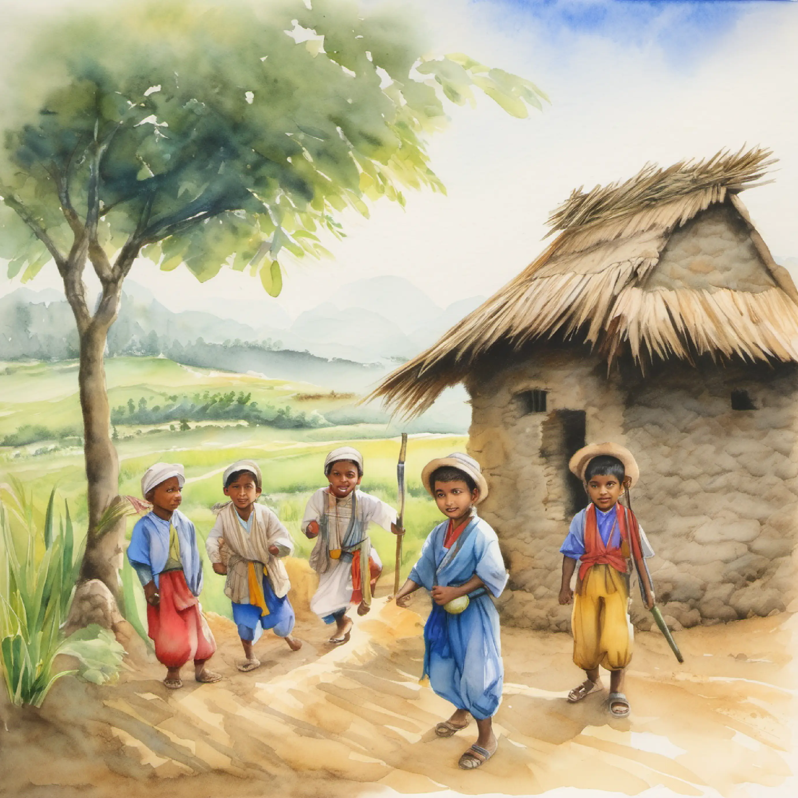 Tupfu plays in the field with village children.