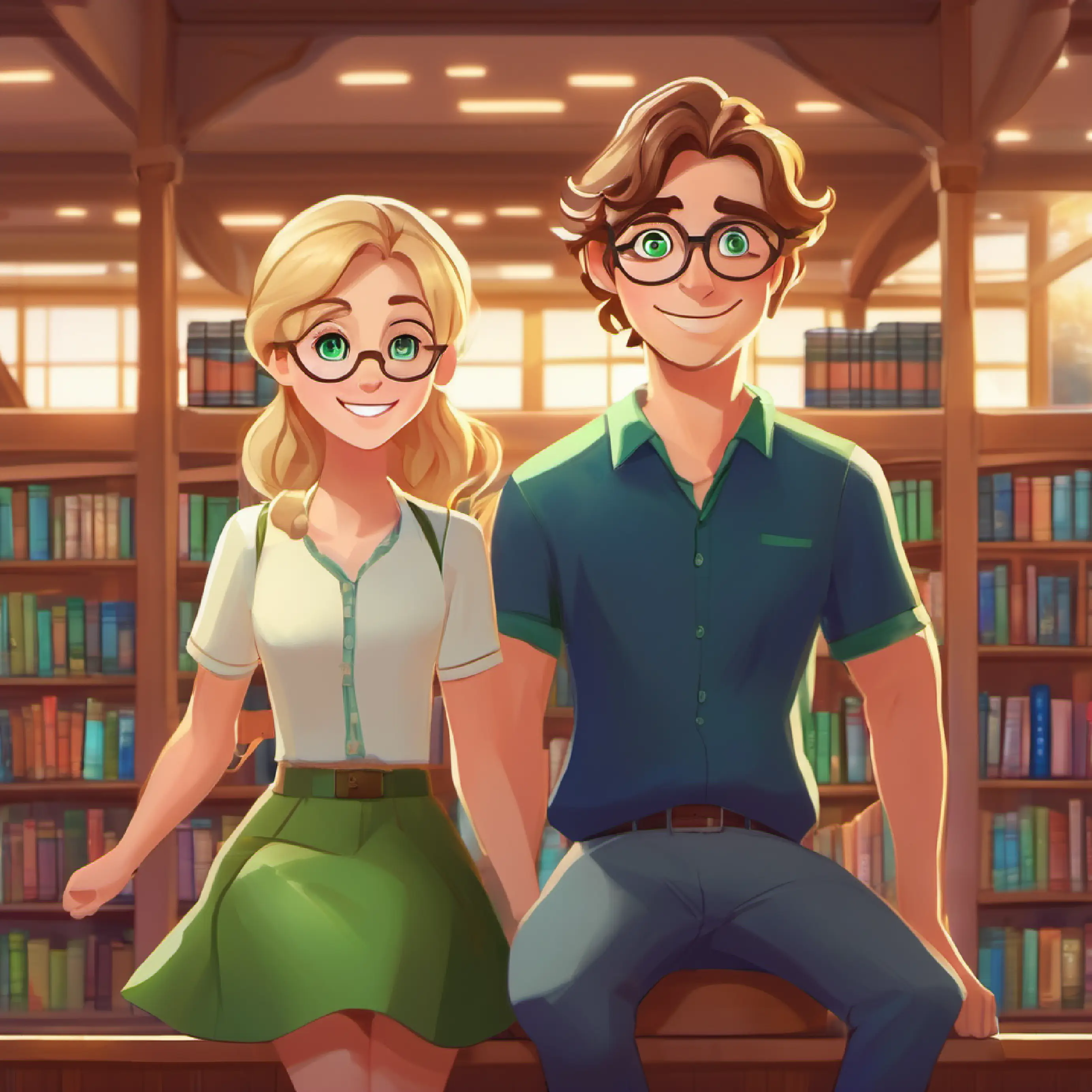 Introduction to Tim, brown hair, green eyes, wears glasses and Lily, blonde hair, blue eyes, cheerful smile. They arrive at a large, peaceful library.