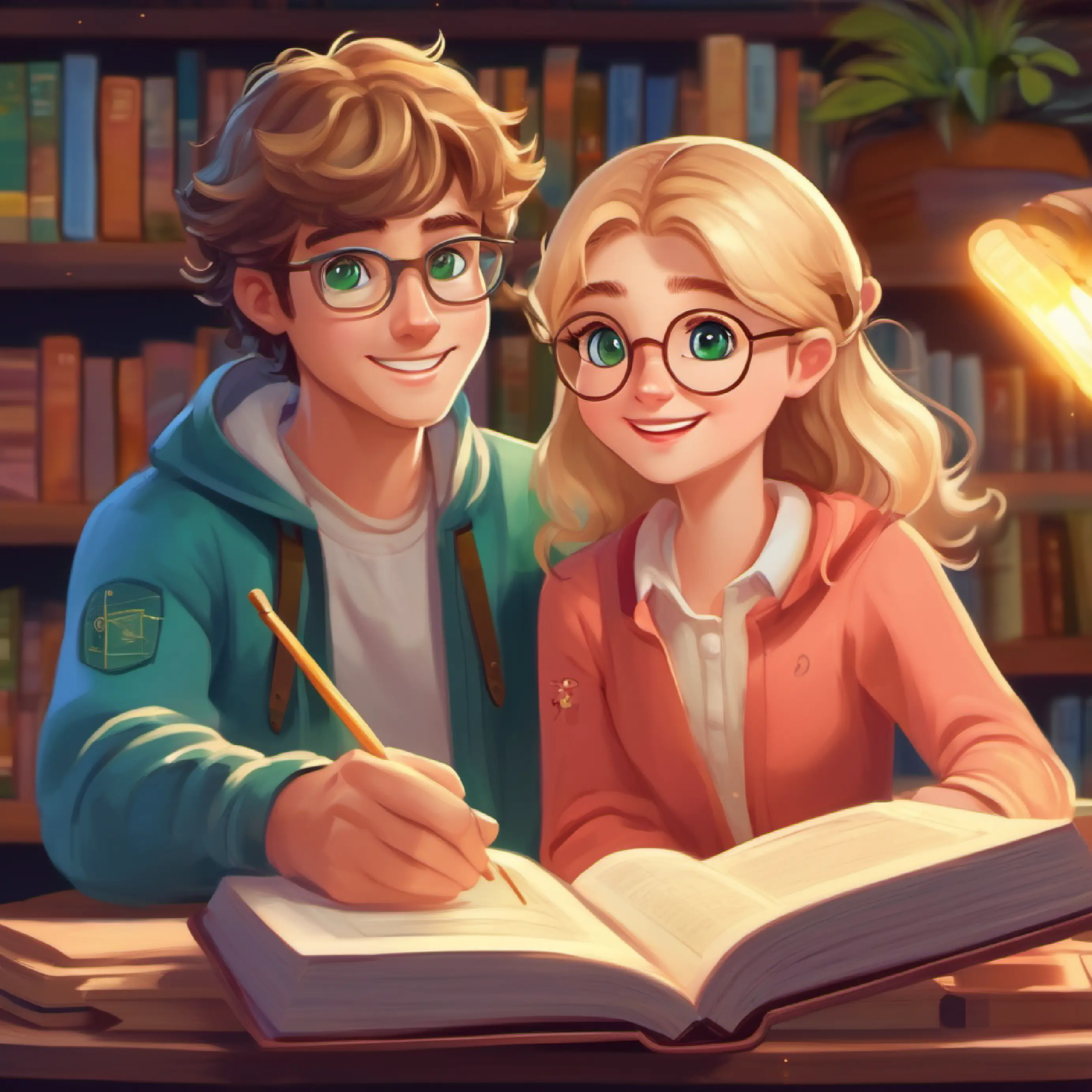 Tim, brown hair, green eyes, wears glasses and Lily, blonde hair, blue eyes, cheerful smile choose their favorite books, space and fairy tales.