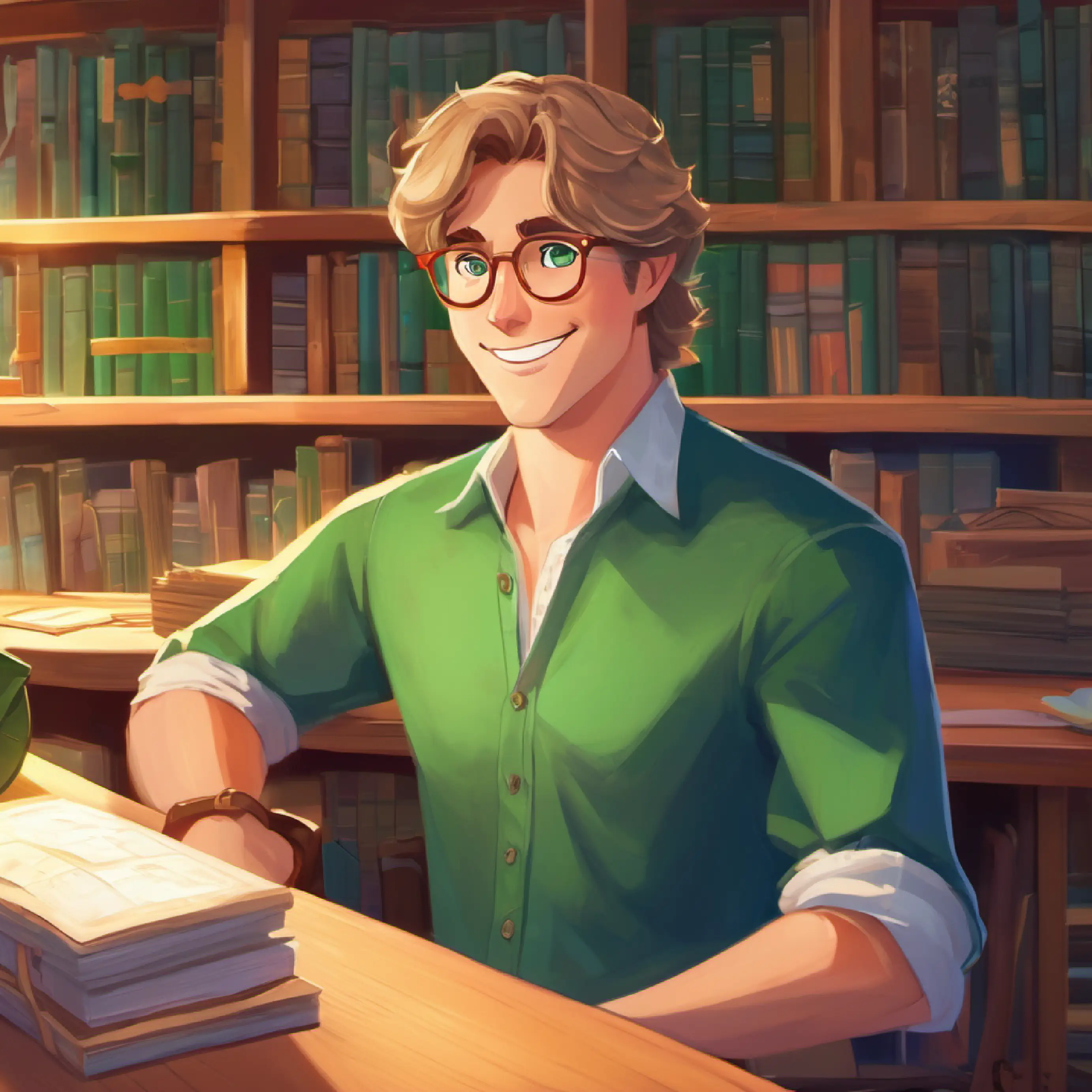 Tim, brown hair, green eyes, wears glasses and Lily, blonde hair, blue eyes, cheerful smile discover a locked chest under the librarian’s desk.