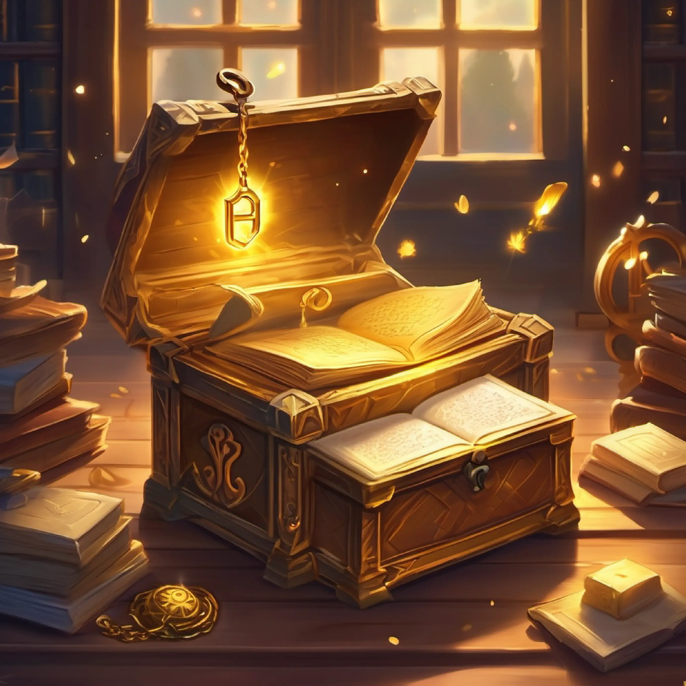 The golden key opens the chest, revealing a magical book and a note.