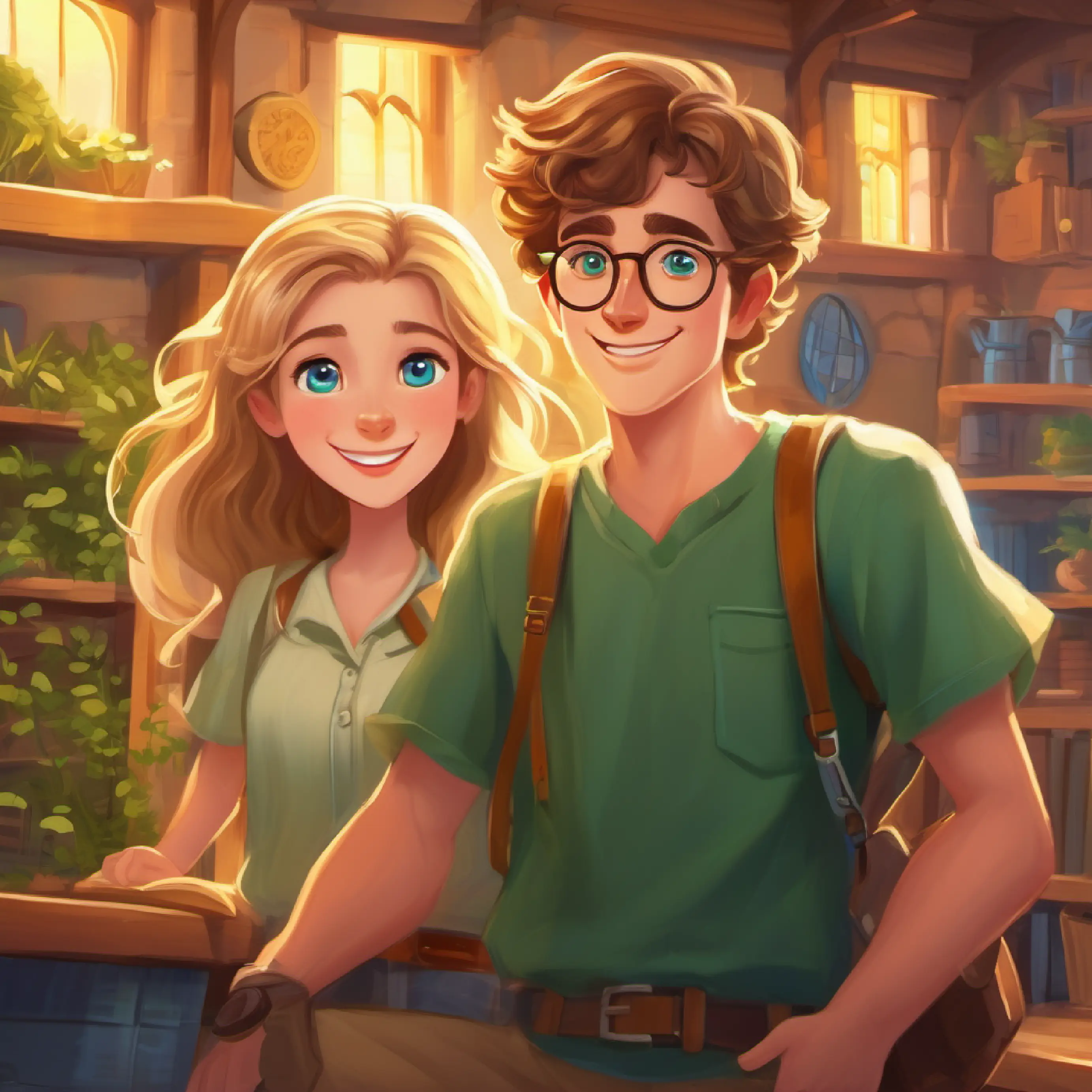 Tim, brown hair, green eyes, wears glasses and Lily, blonde hair, blue eyes, cheerful smile begin the search for the golden key in the mystery section.
