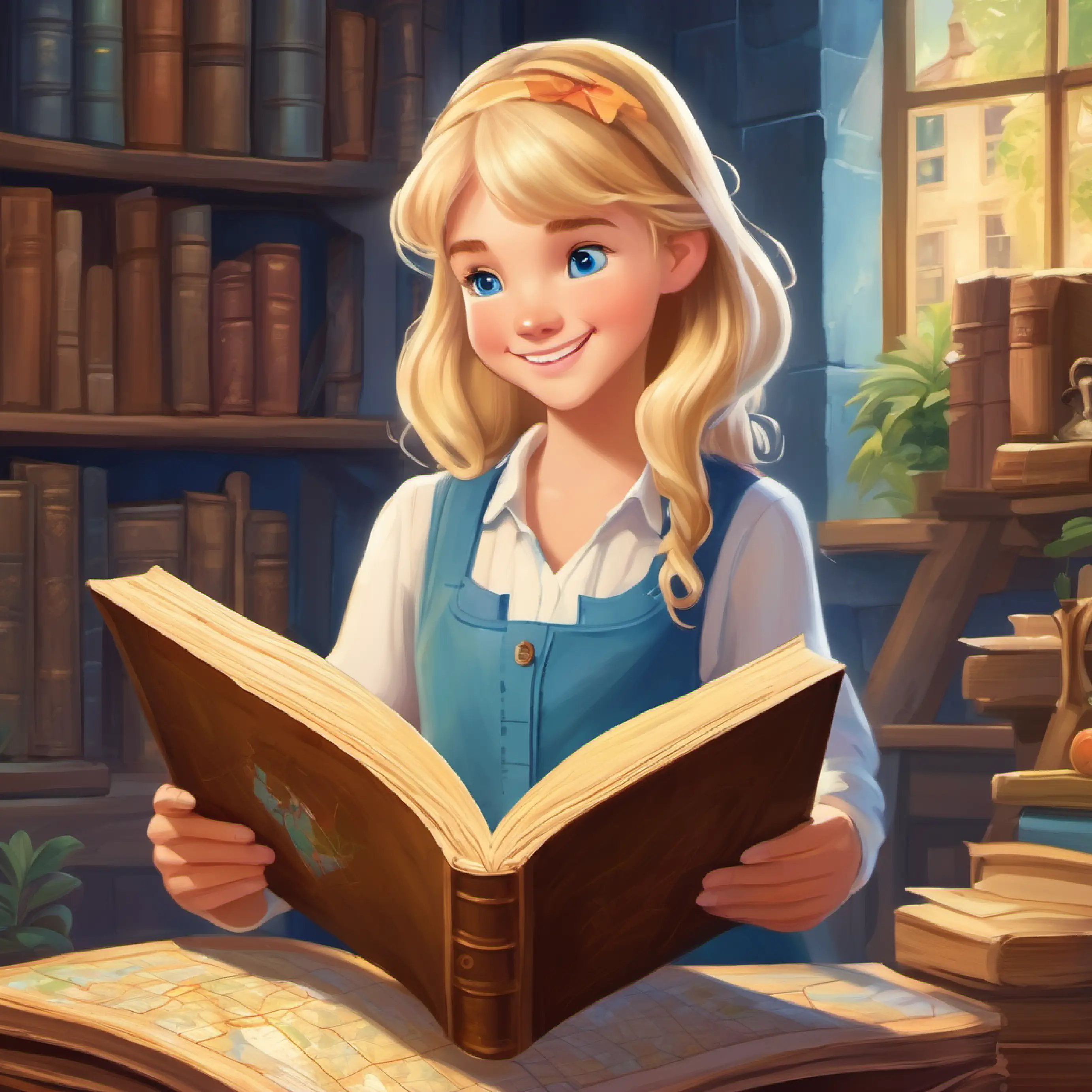 Lily, blonde hair, blue eyes, cheerful smile discovers an old book containing a map, a clue.