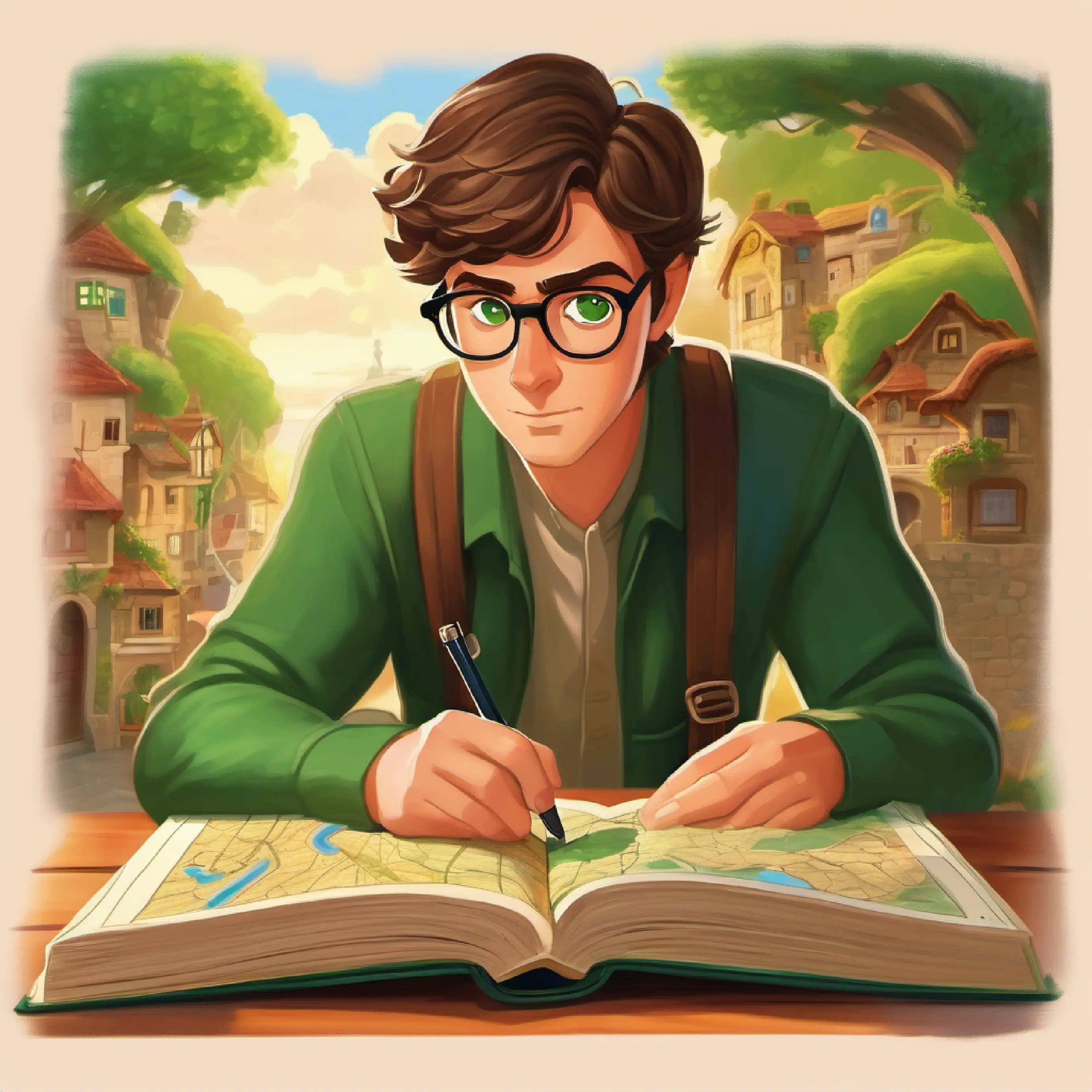 Tim, brown hair, green eyes, wears glasses interprets the map's clue, indicating the key is under the biggest book.