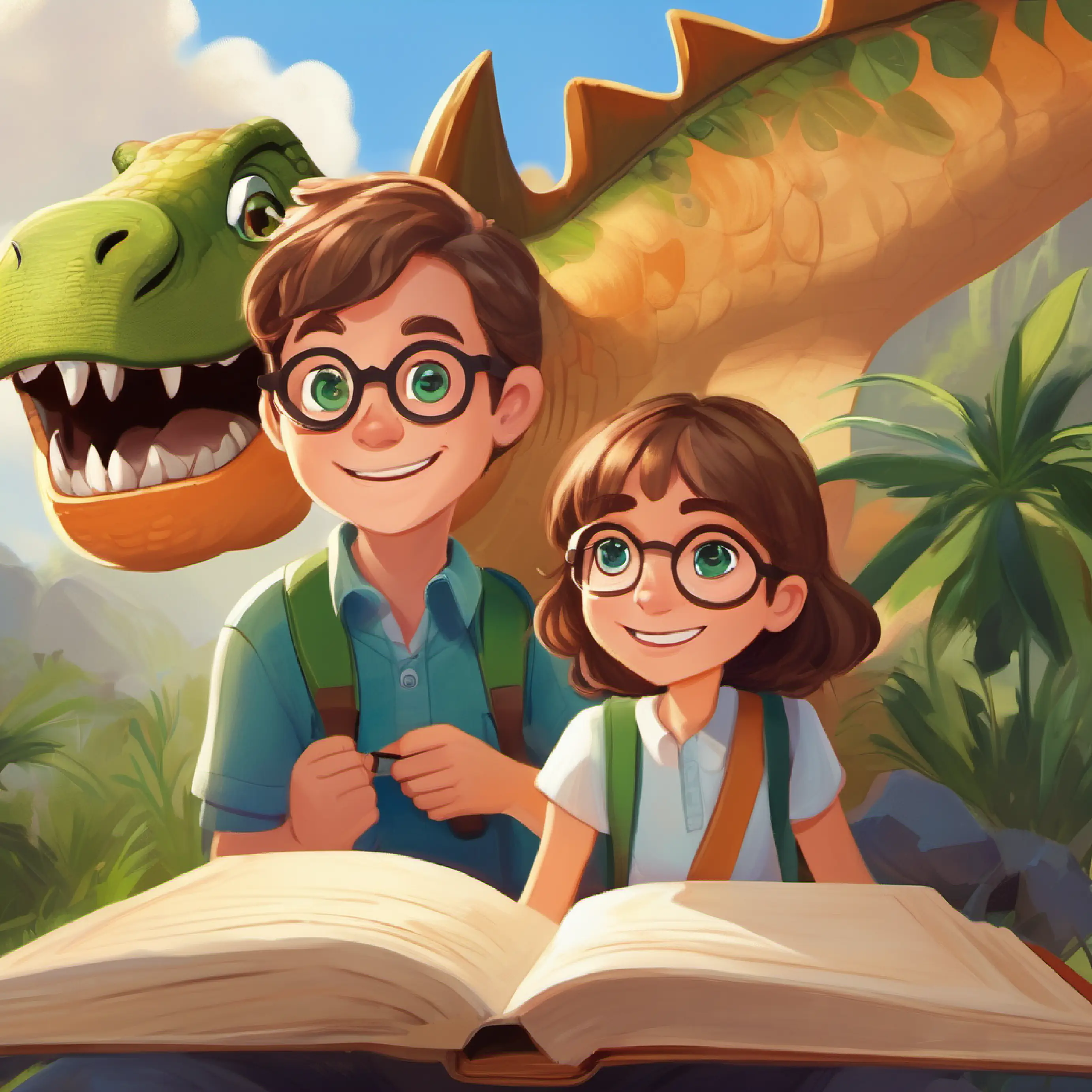Tim, brown hair, green eyes, wears glasses and Lily, blonde hair, blue eyes, cheerful smile head to non-fiction and spot a large dinosaur book.