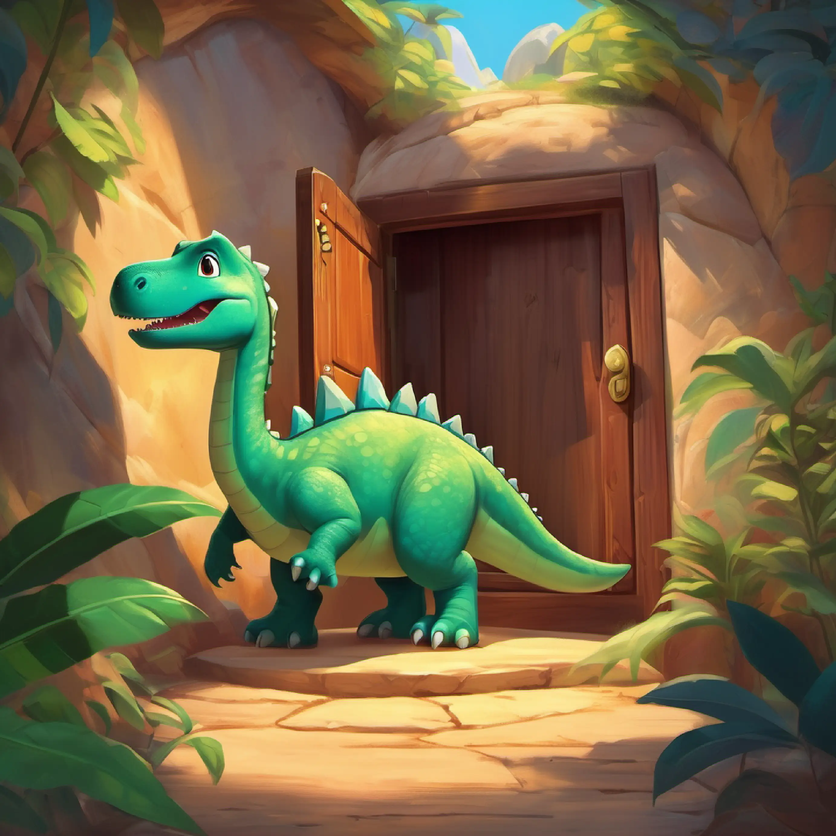 Moving the dinosaur book reveals a hidden small door.