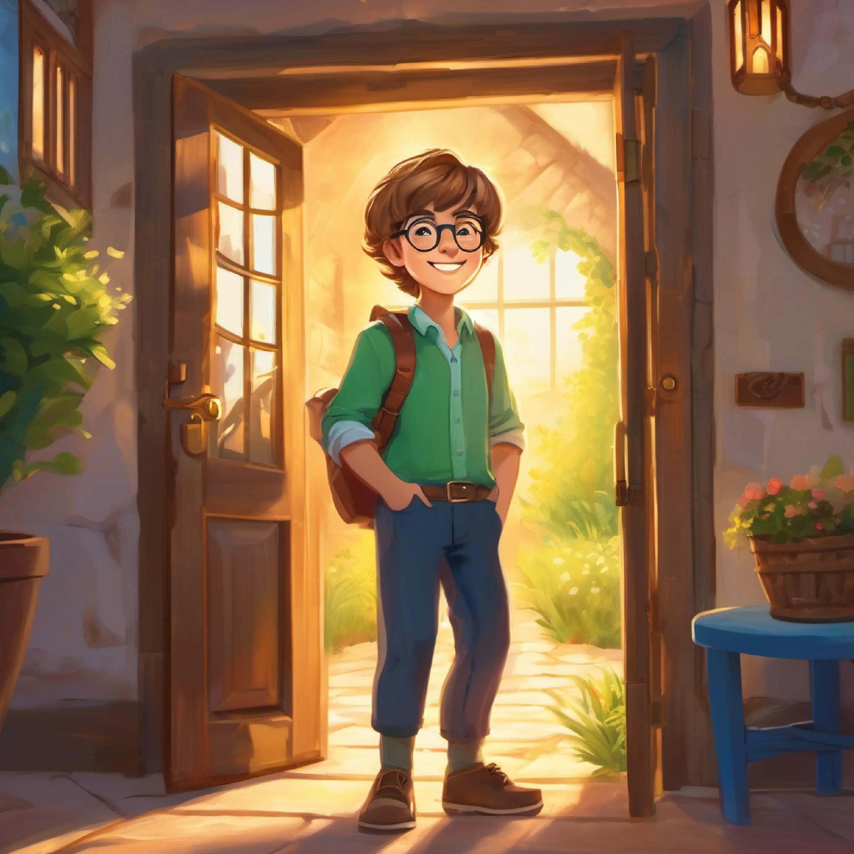 Tim, brown hair, green eyes, wears glasses and Lily, blonde hair, blue eyes, cheerful smile find the golden key behind the small door.