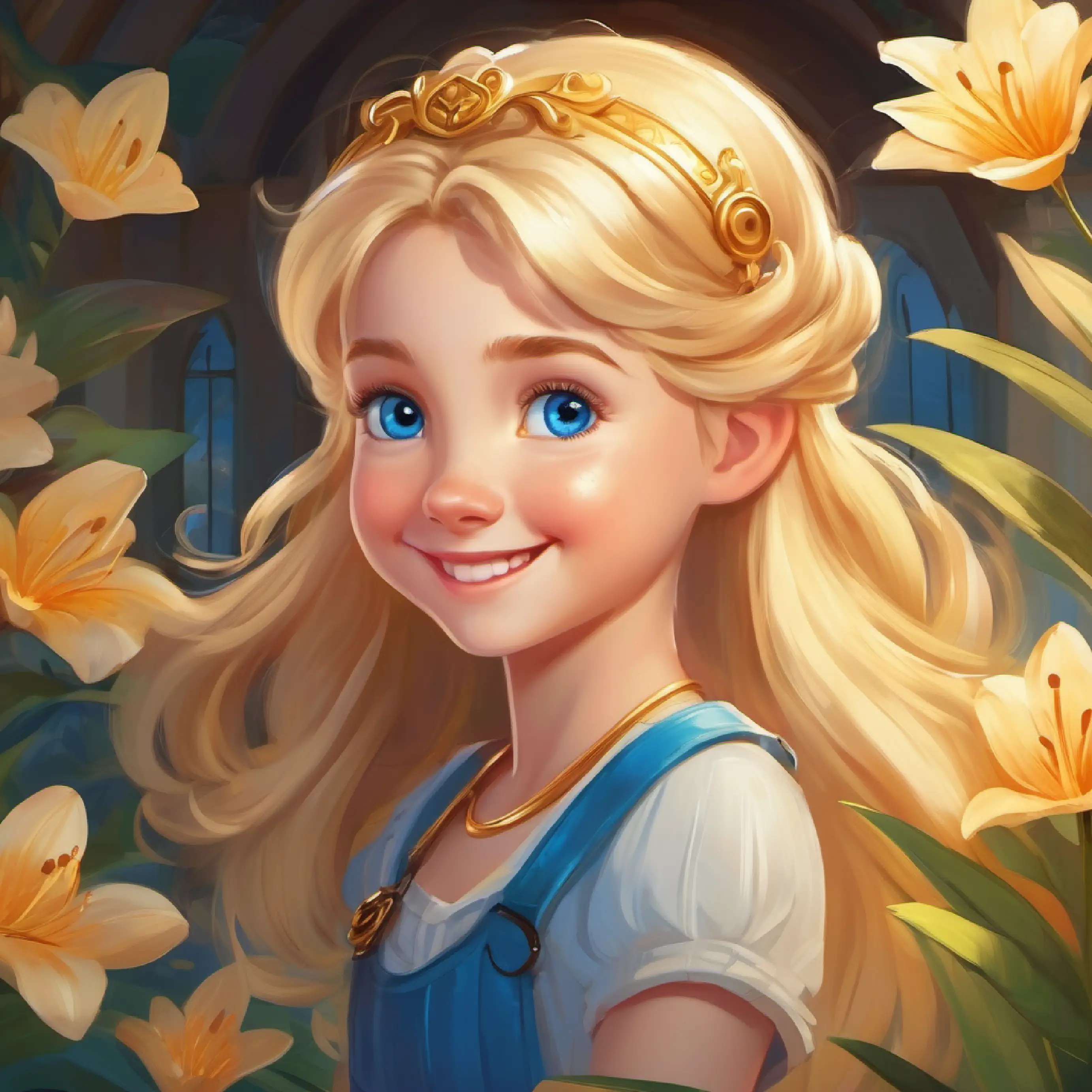 Lily, blonde hair, blue eyes, cheerful smile suggests finding out what the golden key unlocks, eager to explore.