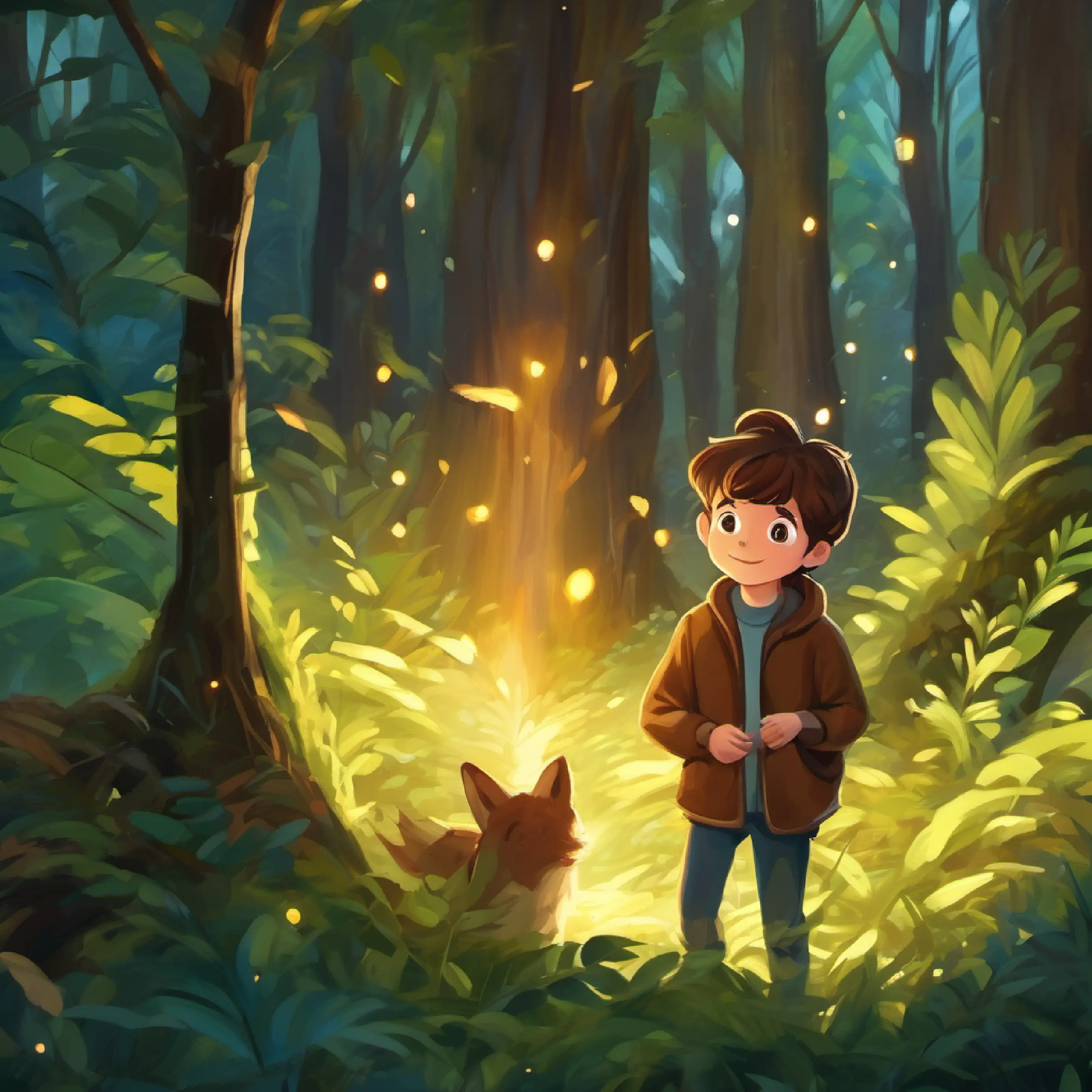 Depicting the magical atmosphere of the forest and the Curious, brown-haired boy with bright eyes and a fearless spirit's feeling of wonder.