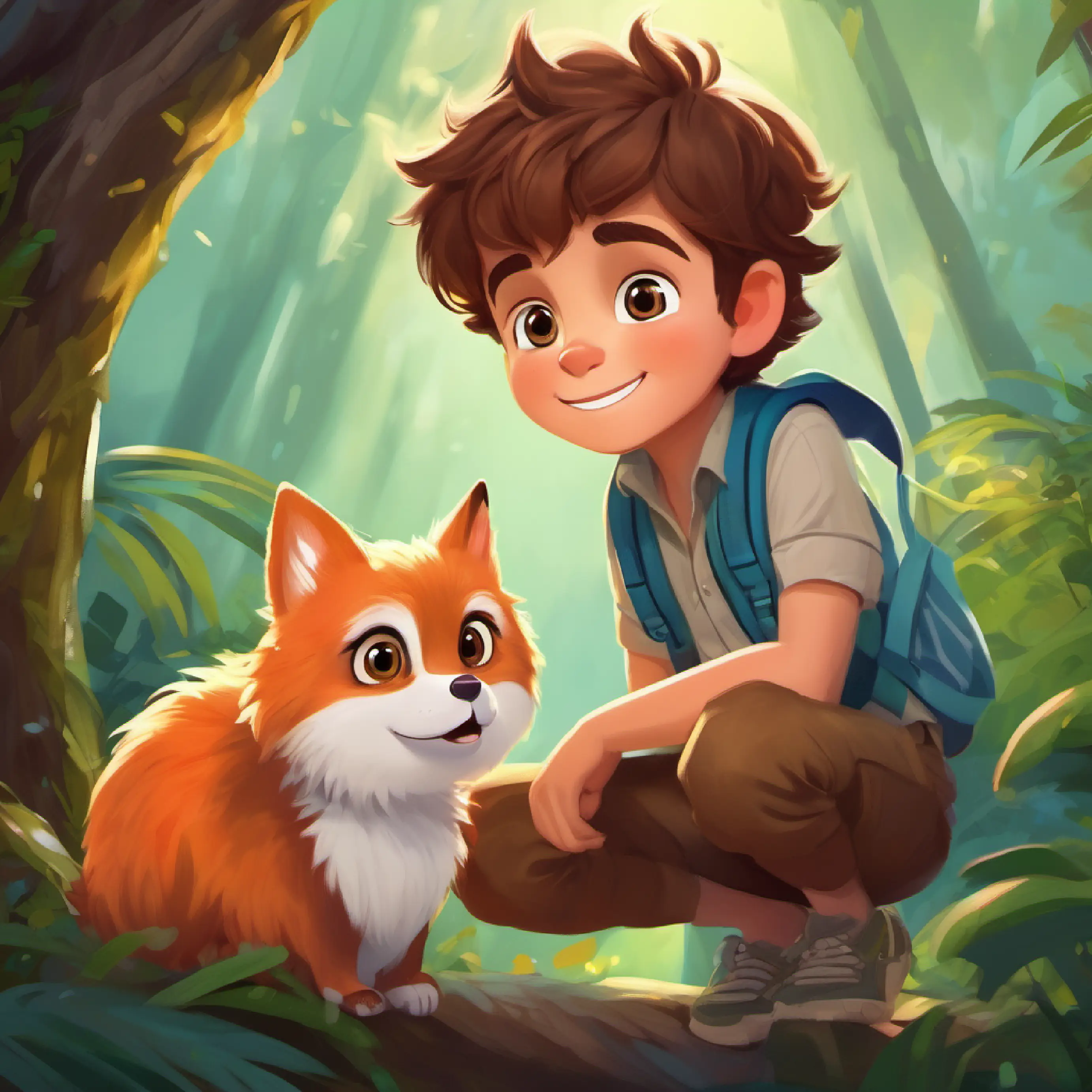 Introducing the adorable friend the Curious, brown-haired boy with bright eyes and a fearless spirit found in the forest, describing the Adorable, fluffy creature with big, bright eyes and a friendly smile's appearance.