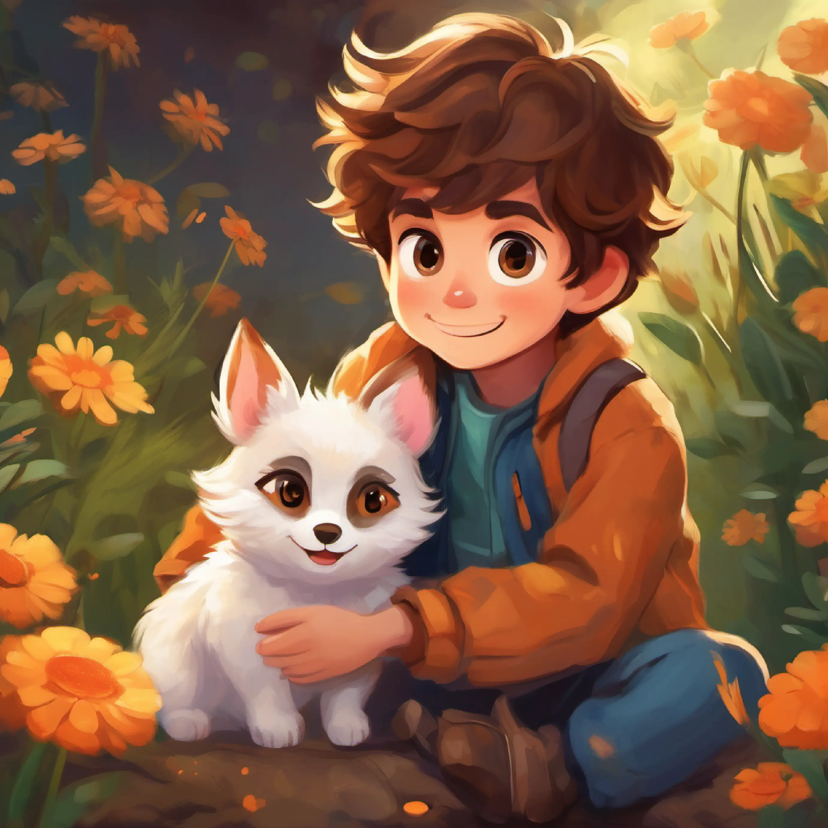 Portraying the blossoming friendship between the Curious, brown-haired boy with bright eyes and a fearless spirit and the Adorable, fluffy creature with big, bright eyes and a friendly smile as they enjoy each other's company.