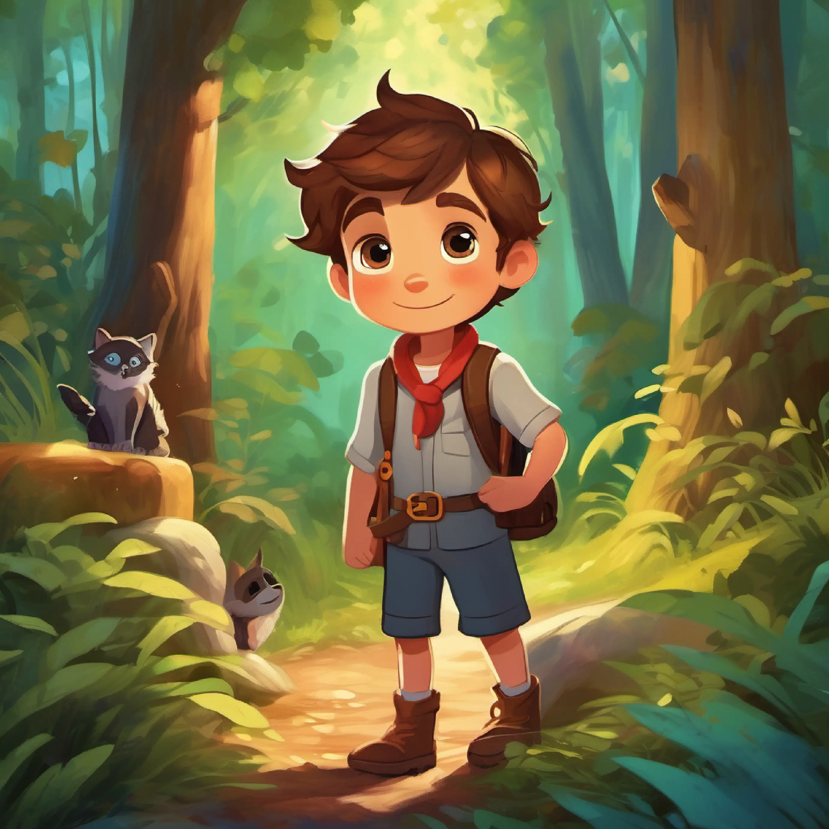 Illustrating the adventures the Curious, brown-haired boy with bright eyes and a fearless spirit and his adorable friend have together in the forest.