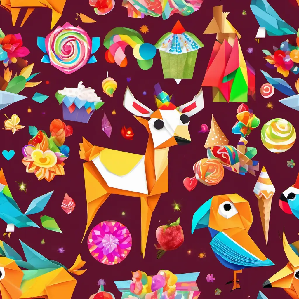 Brown deer with big, kind eyes and a bright, glowing heart and Colorful parrot with feathers like a rainbow and a beak that chatters looking at the colorful lights and sweet treats in a bustling village.