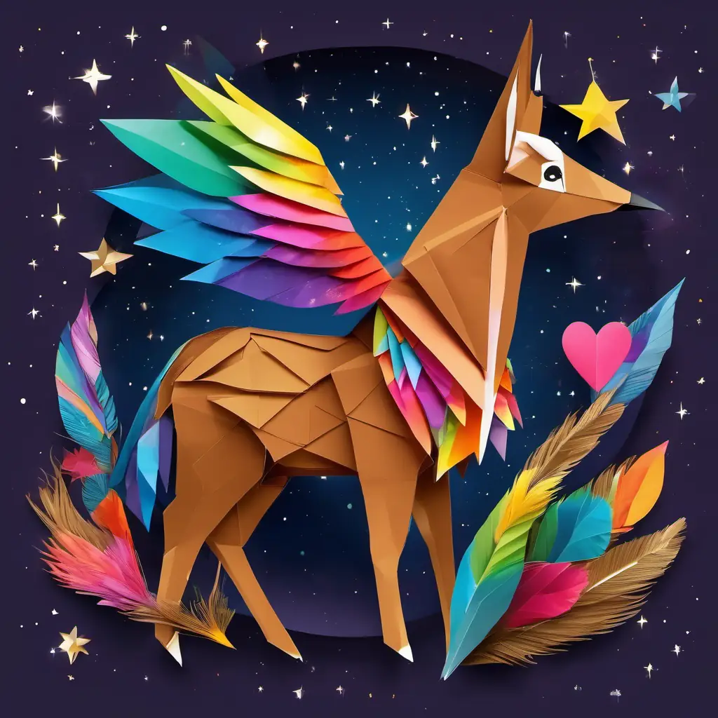 Brown deer with big, kind eyes and a bright, glowing heart and Colorful parrot with feathers like a rainbow and a beak that chatters rescuing animals from traps, with stars shining in the night sky.