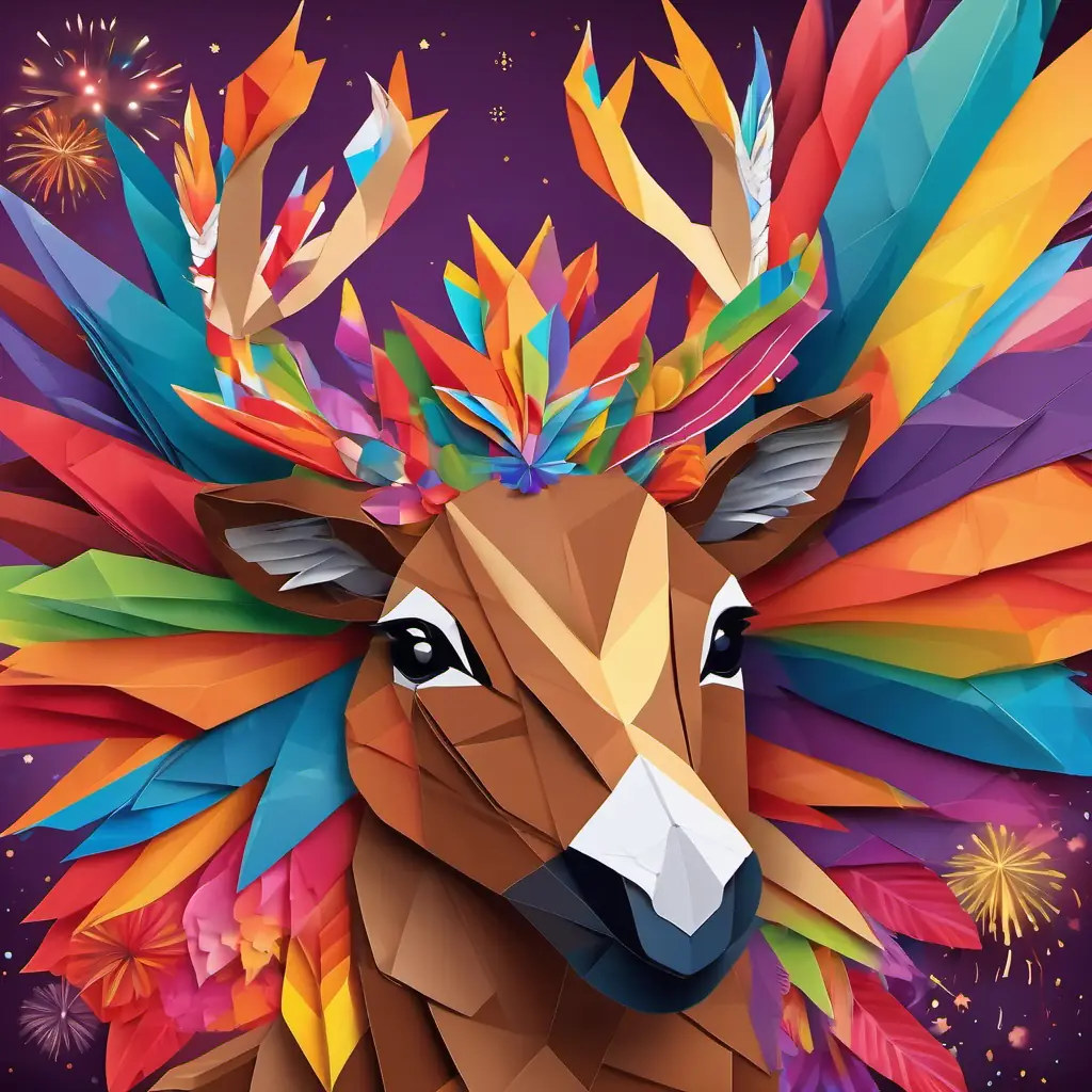 Brown deer with big, kind eyes and a bright, glowing heart and Colorful parrot with feathers like a rainbow and a beak that chatters standing together under a big, bright fireworks display, feeling proud and joyful.