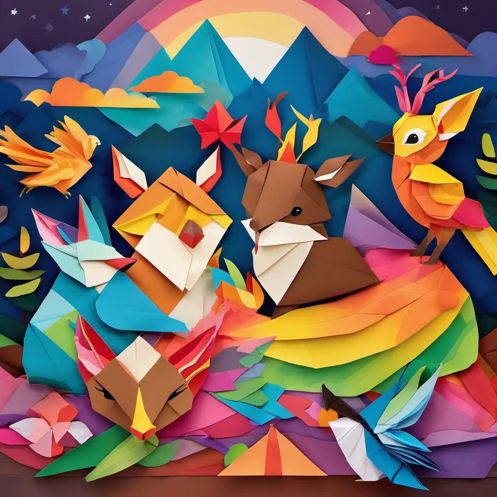 Kids snuggled up in bed, feeling happy and sleepy, with Brown deer with big, kind eyes and a bright, glowing heart and Colorful parrot with feathers like a rainbow and a beak that chatters smiling in the moonlight.