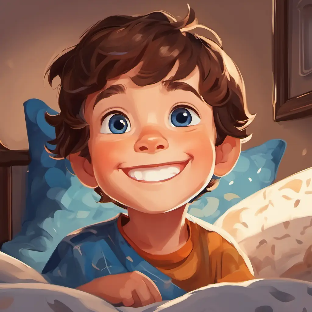 Picture of Little boy with brown hair, blue eyes, and a big smile tucked in bed, smiling and ready for sleep