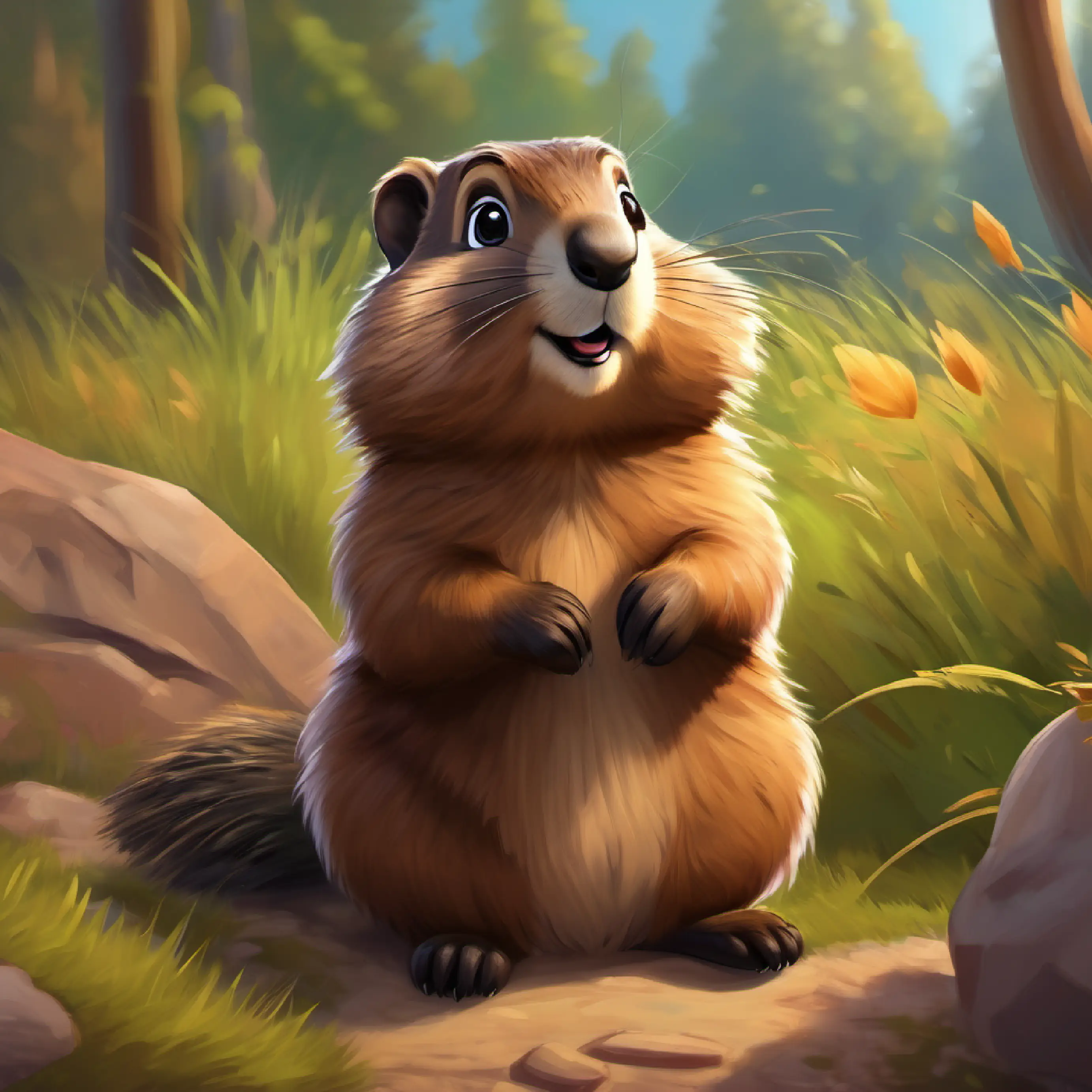 Introduction to Brown fur, tiny glasses, friendly smile, very playful the groundhog at his home, a special day