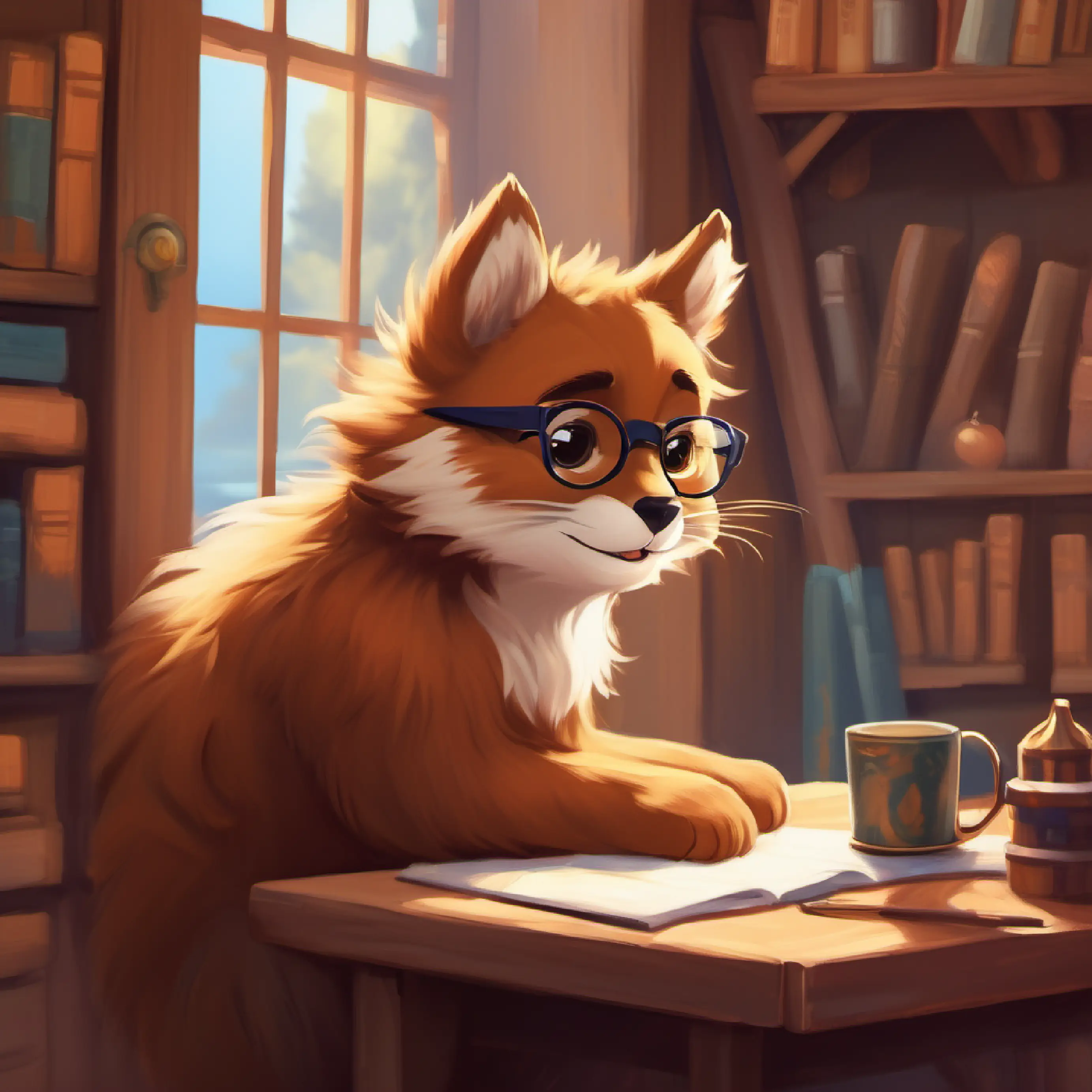 Brown fur, tiny glasses, friendly smile, very playful getting ready, contemplating the day, starting his climb