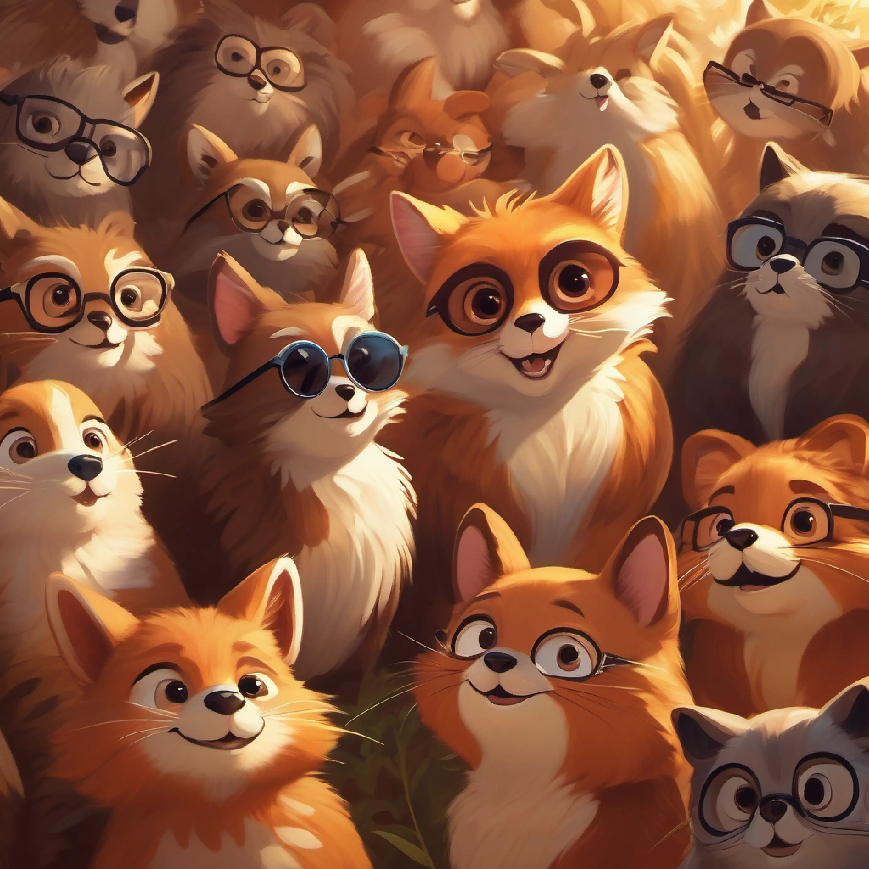 Animals gathering, anticipating Brown fur, tiny glasses, friendly smile, very playful' appearance, questions in the air