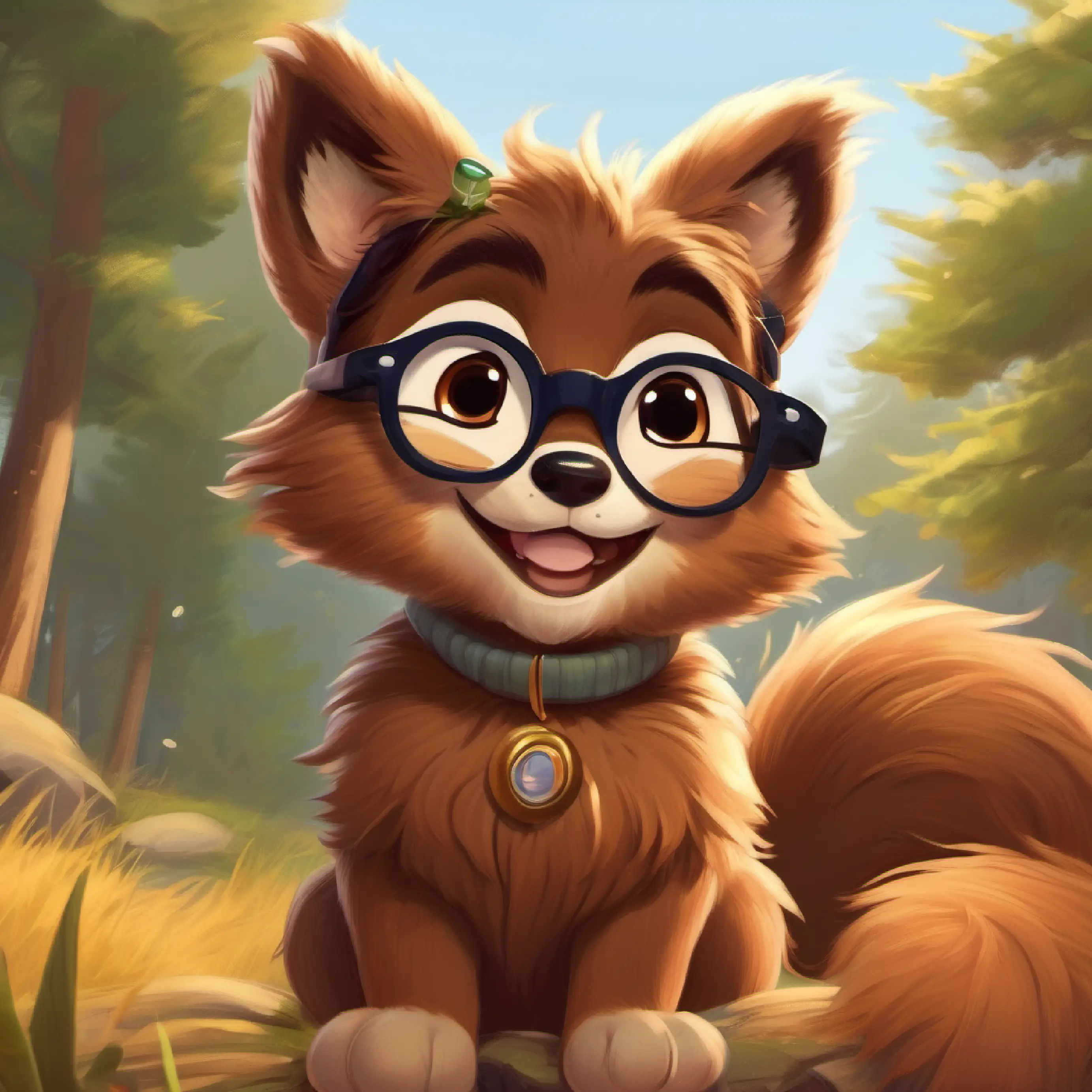 Brown fur, tiny glasses, friendly smile, very playful appears, animals cheer, Brown fur, tiny glasses, friendly smile, very playful sees no shadow