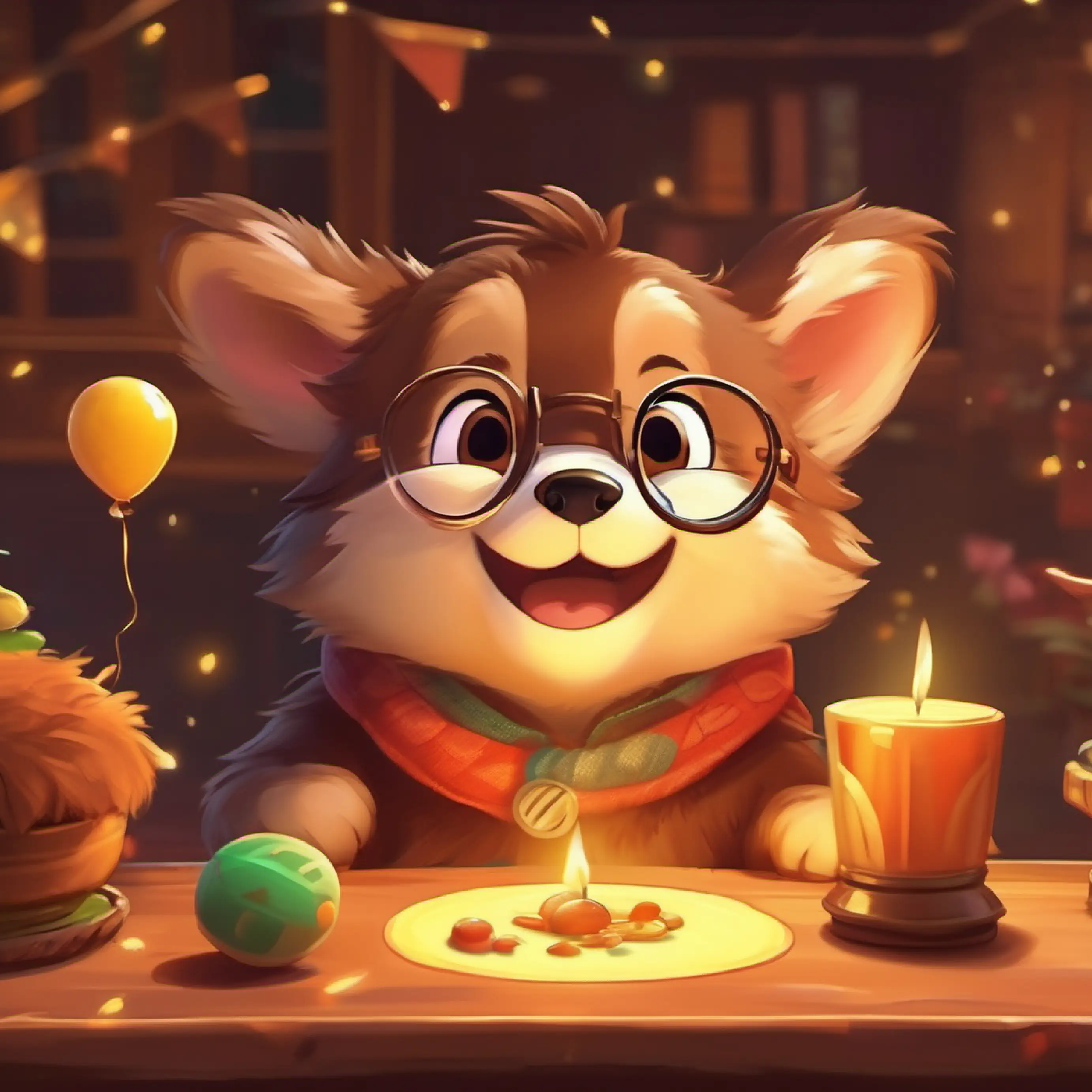Celebration with a game, Brown fur, tiny glasses, friendly smile, very playful excels, playful fun