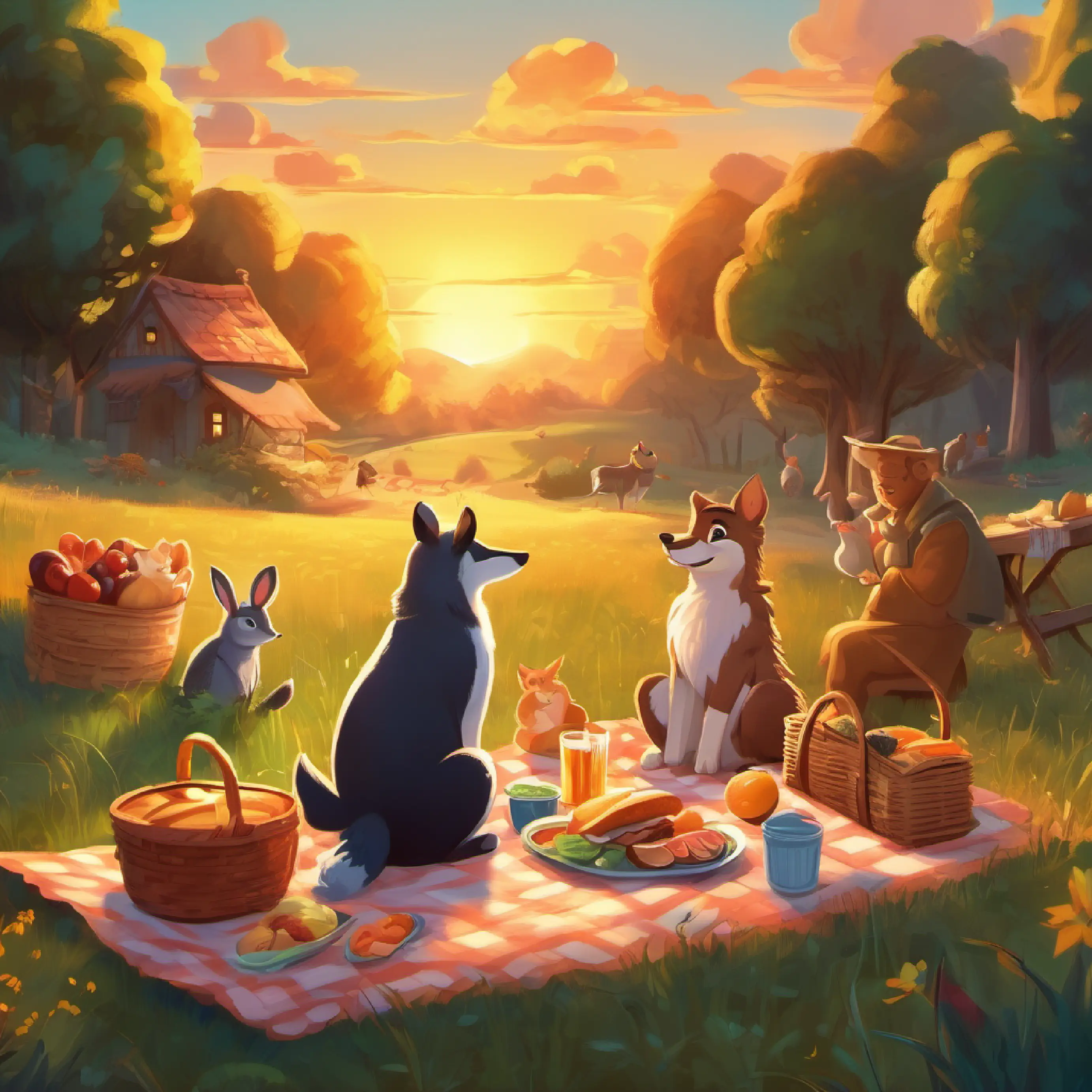 Picnic with food and stories, full and happy animals, sun setting