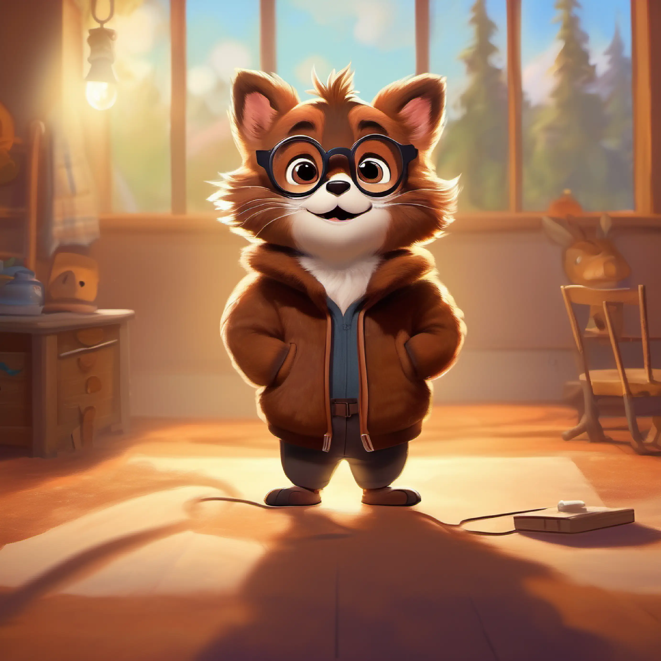 Brown fur, tiny glasses, friendly smile, very playful sees his shadow at the end, happy ending, ready for spring