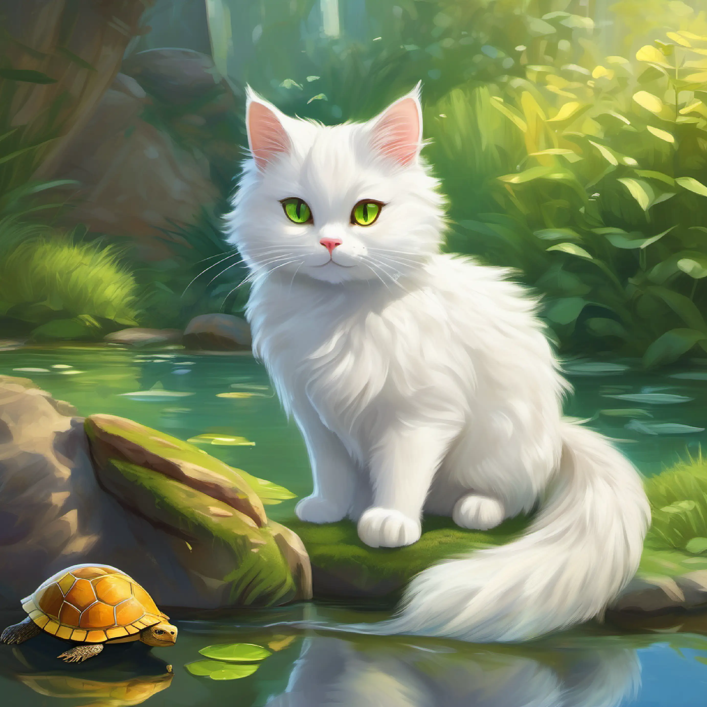 Fluffy white cat with yellow-green eyes, adventurous and Cheerful squirrel, helpful, likes to climb meet Turtle basking in the sun, kind, enjoys watching fish the turtle by the pond.