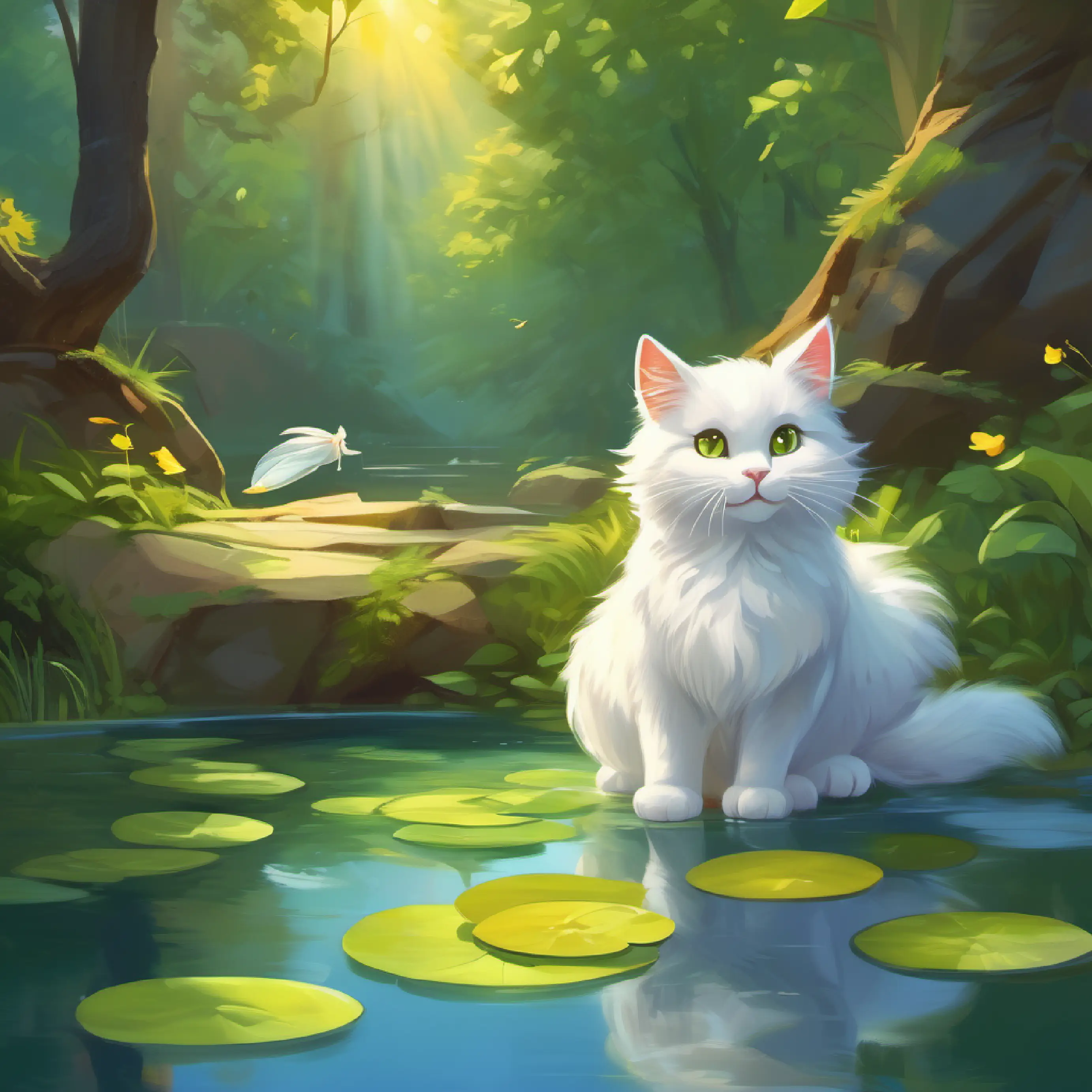 Fluffy white cat with yellow-green eyes, adventurous falls into the pond, Cheerful squirrel, helpful, likes to climb and Turtle basking in the sun, kind, enjoys watching fish help him out.