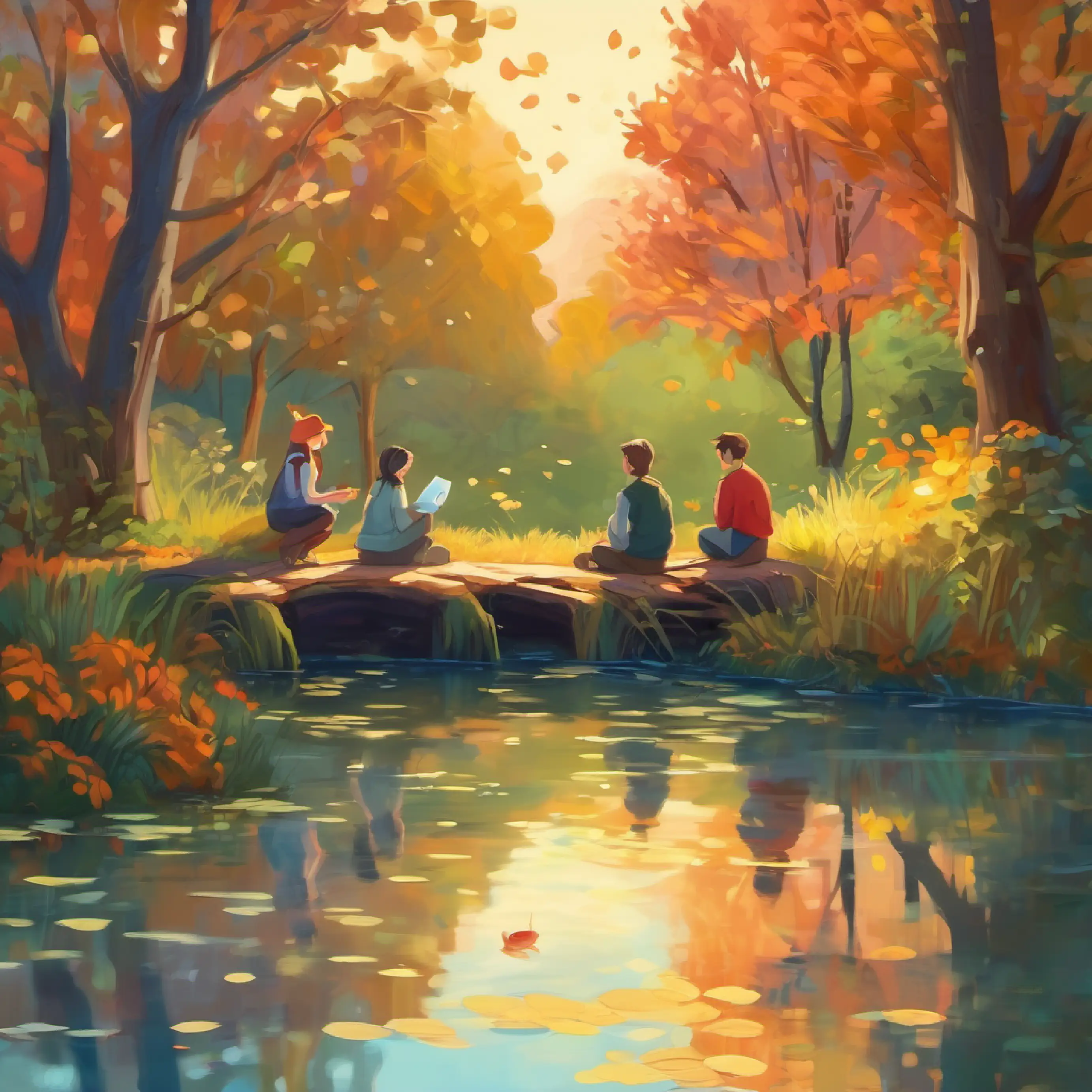 After the fall, friends share stories by the pond.