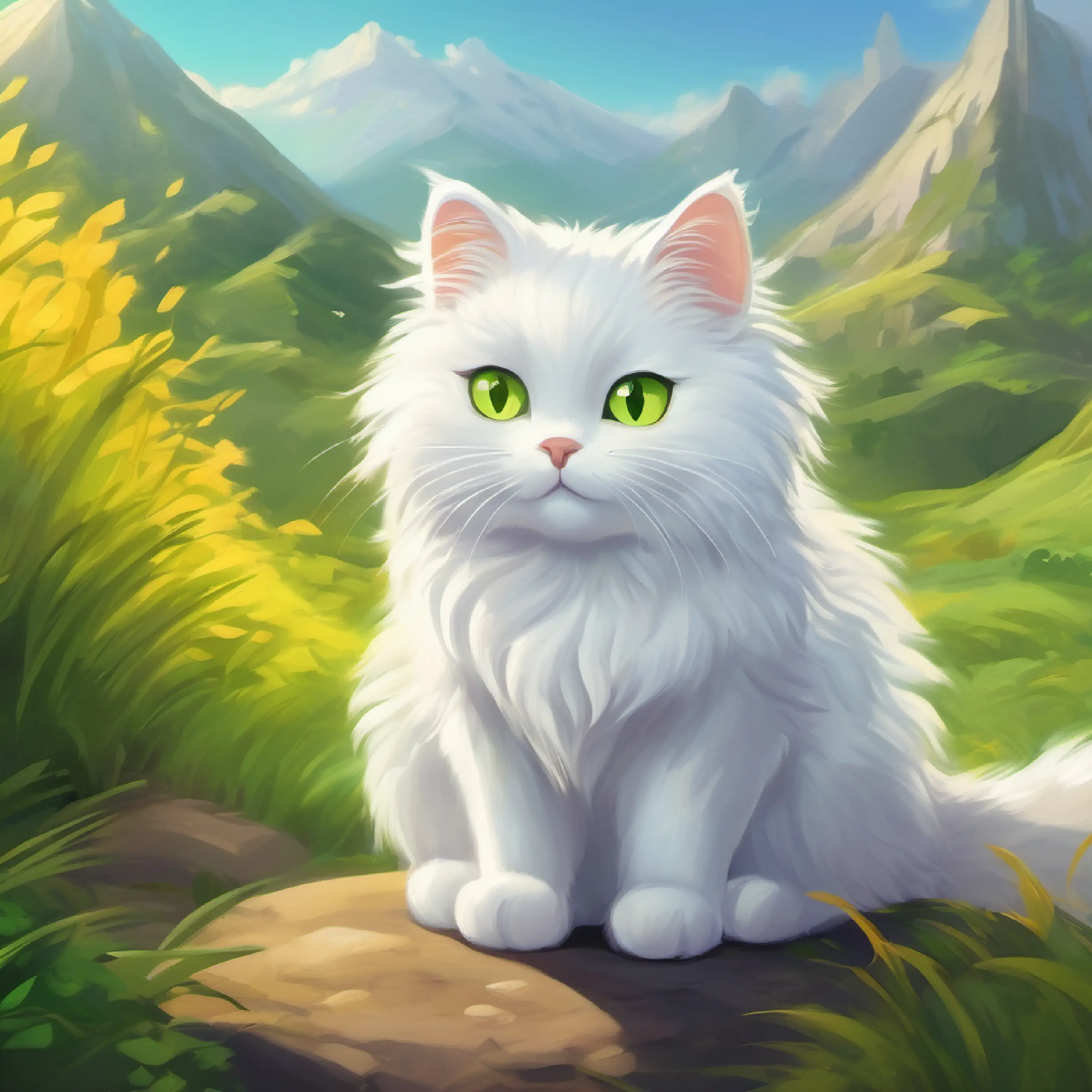 Introduction to Fluffy white cat with yellow-green eyes, adventurous and his decision to go on an adventure.