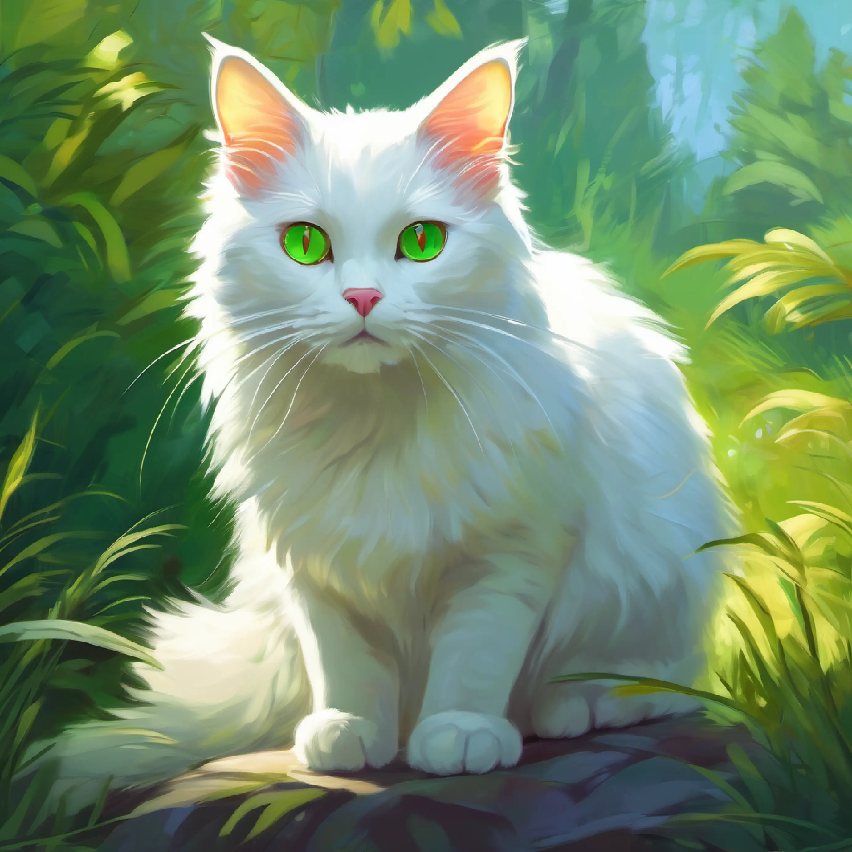  white cat with yellow-green eyes, and a squrrle