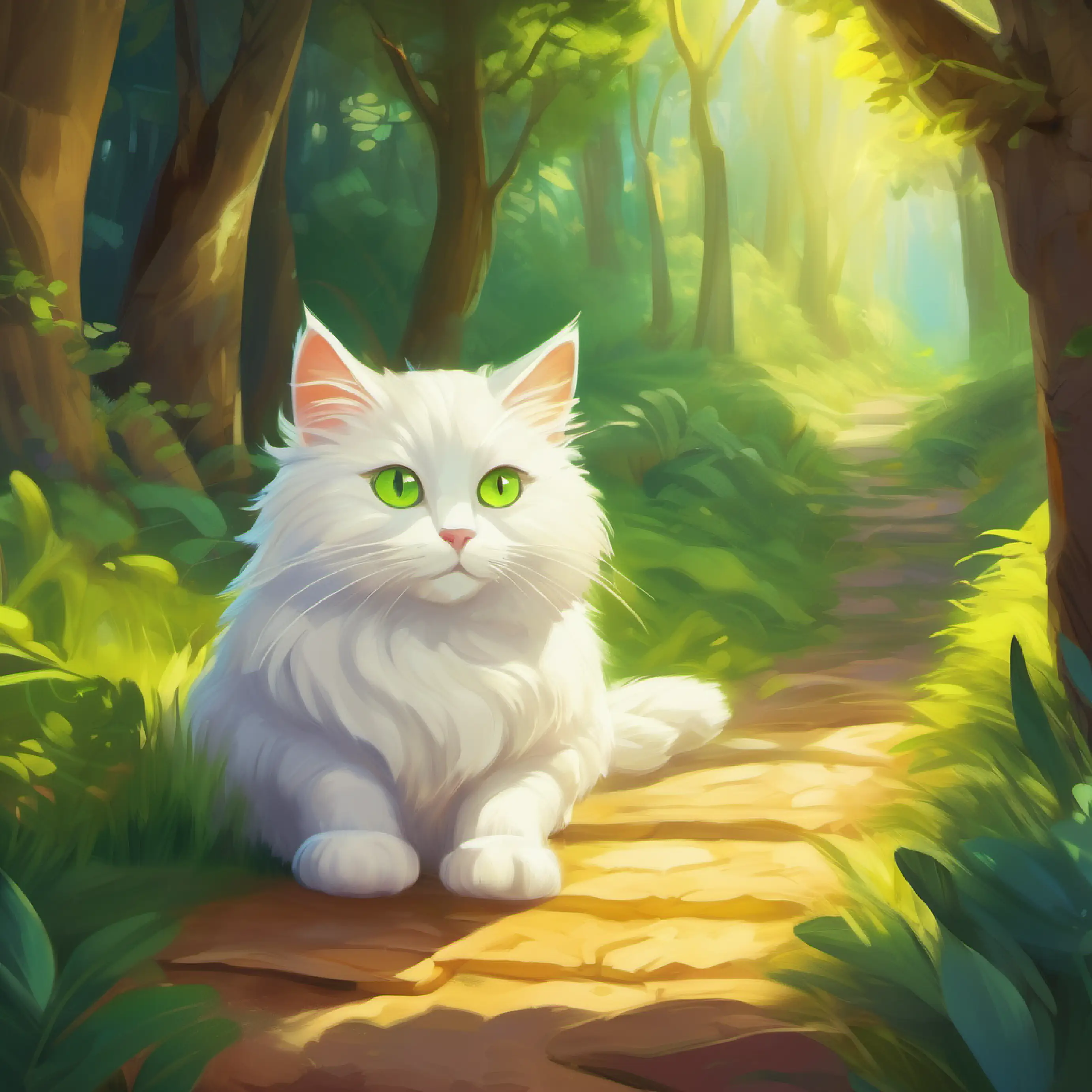 Introduction to Fluffy white cat with yellow-green eyes, adventurous and his decision to go on an adventure.