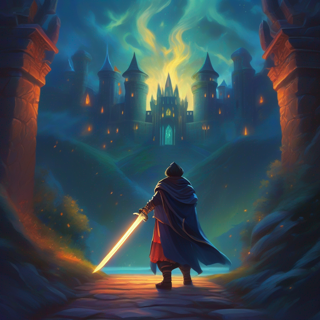 Courageous warrior with unwavering determination, wielding a mighty sword.'s perilous journey to Evil sorcerer engulfed in dark magic, adorned with enchanted robes.'s castle to free his family