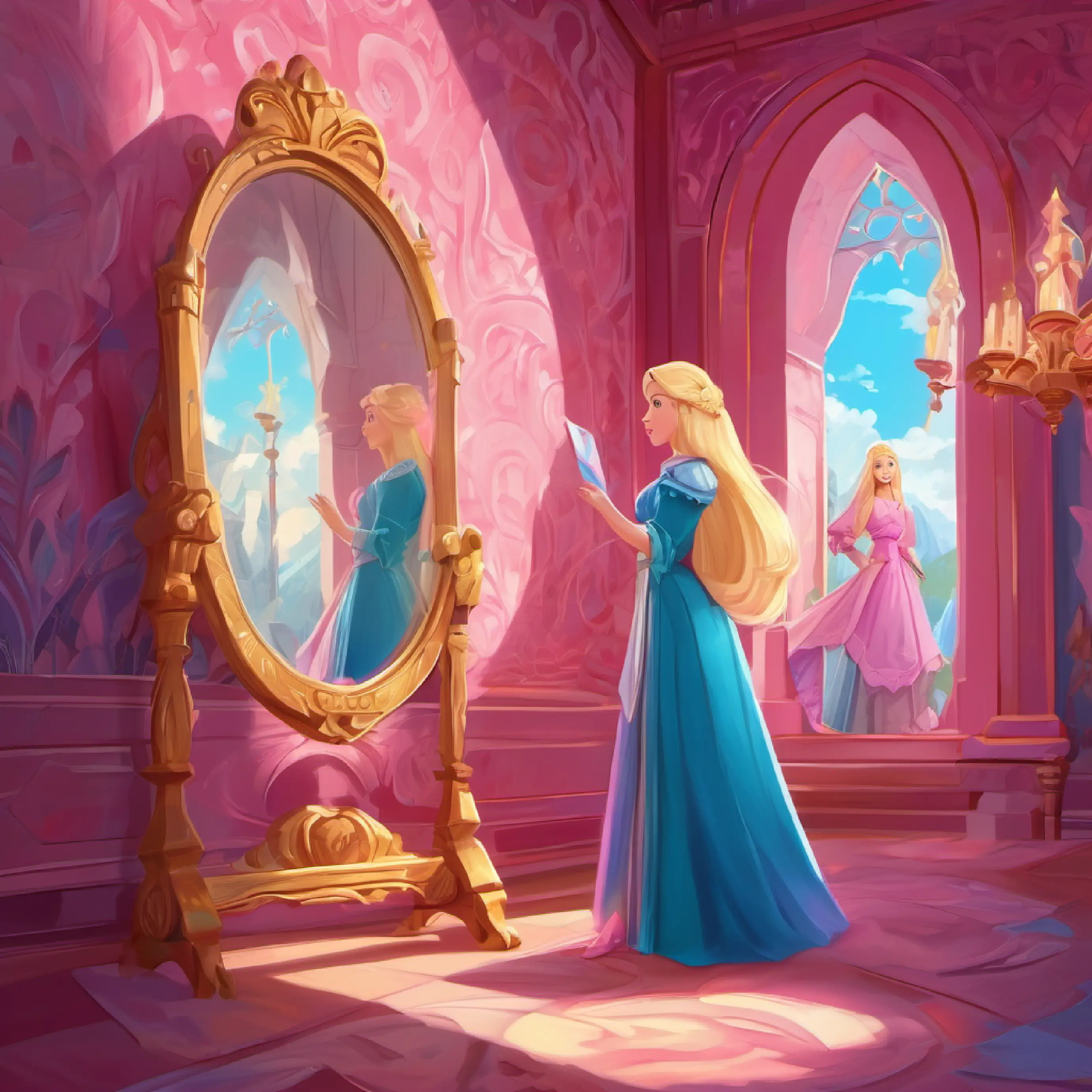 Ruler of pink world, long blonde hair, blue eyes, wears a pink dress finds a strange mirror in her palace.
