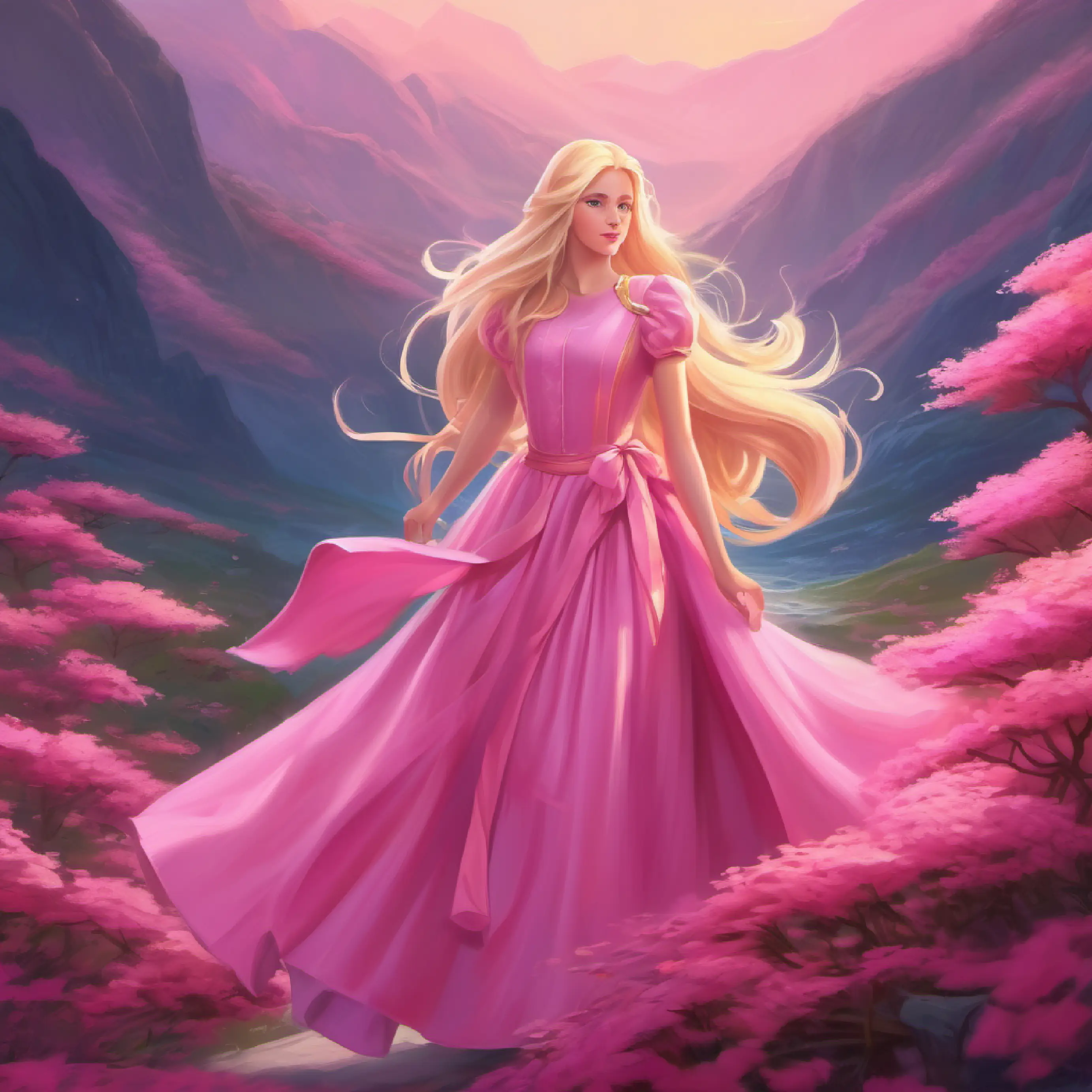 Ruler of pink world, long blonde hair, blue eyes, wears a pink dress returns to the pink world to share what she's learned.