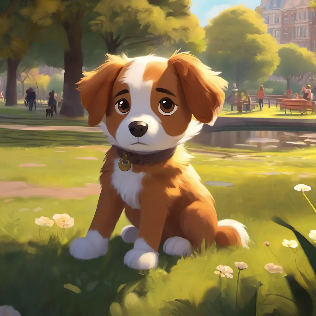 Introduction of the setting and main character. Location: city park, Characters: Shy dog with brown fur and big, curious eyes